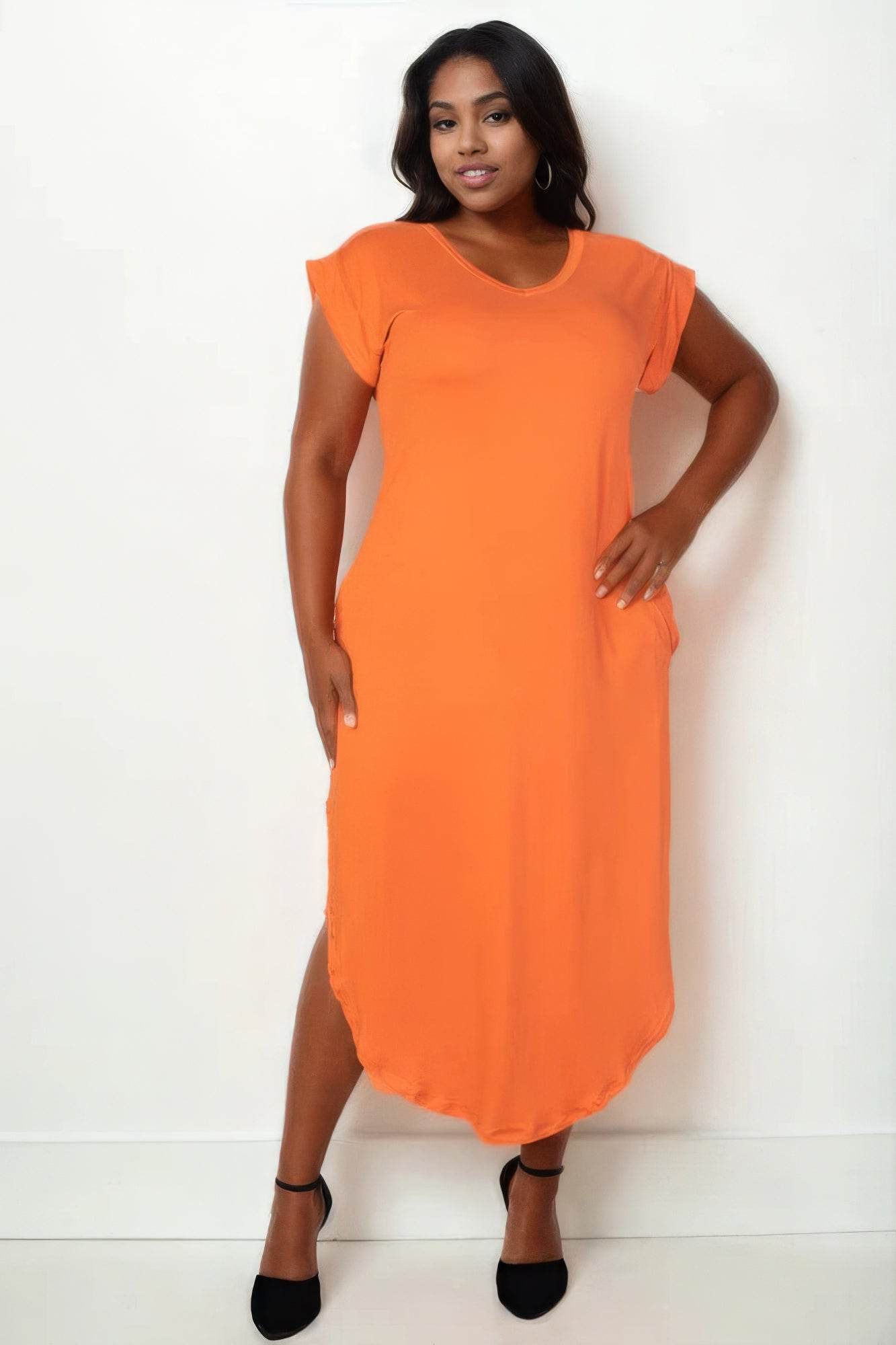 Plus Size Hidden Pocket Batwing Sleeve V Neck Long Dress - DaTrendStore.Com