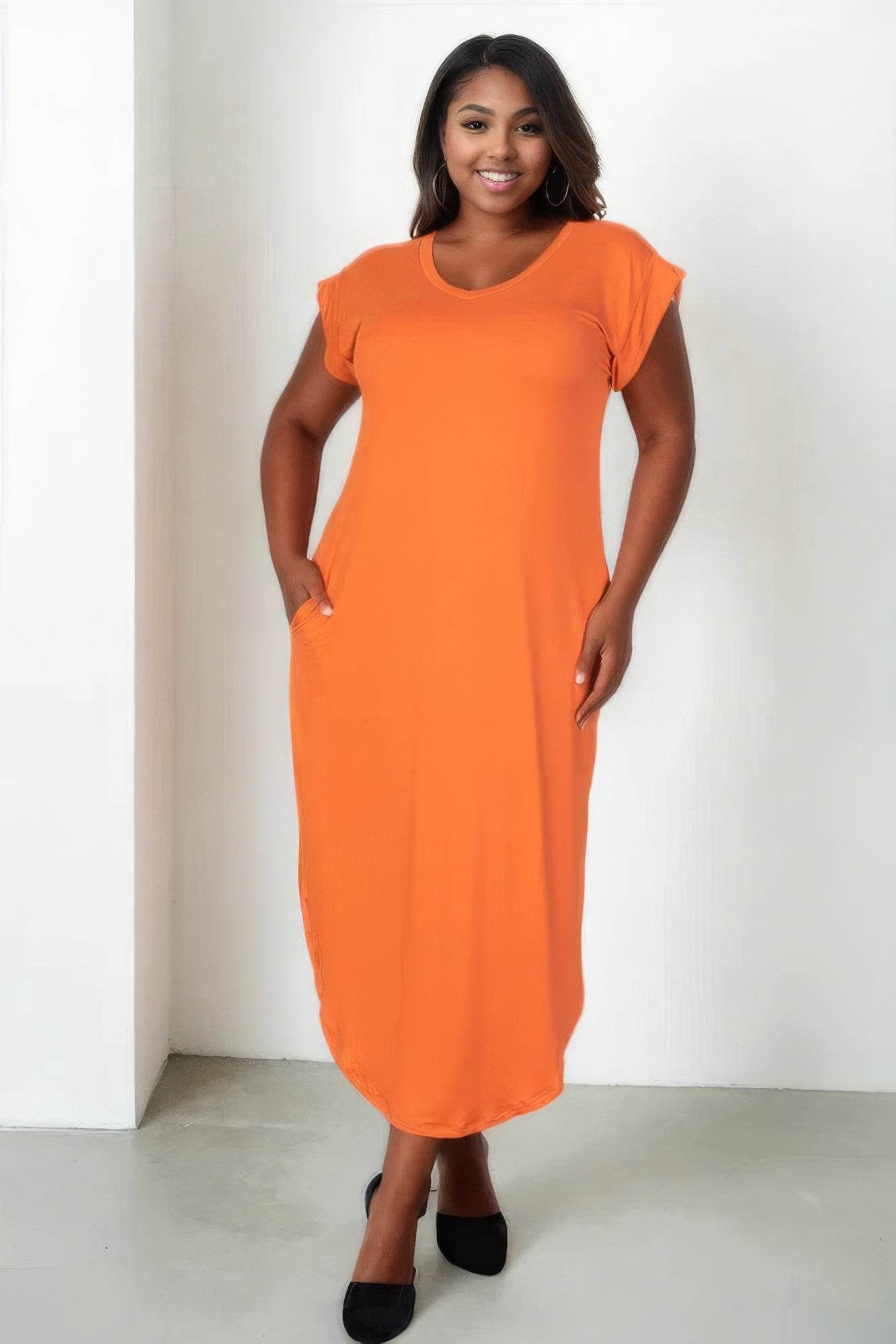 Plus Size Hidden Pocket Batwing Sleeve V Neck Long Dress - DaTrendStore.Com