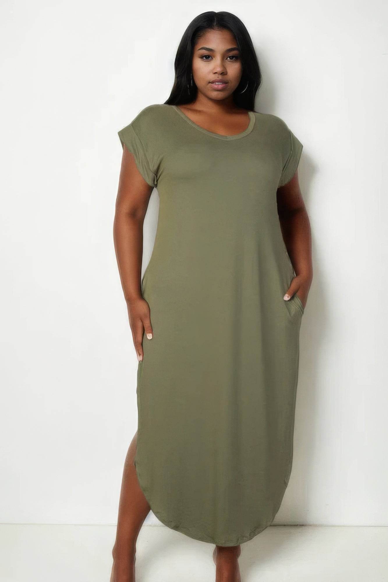 Plus Size Hidden Pocket Batwing Sleeve V Neck Long Dress - DaTrendStore.Com