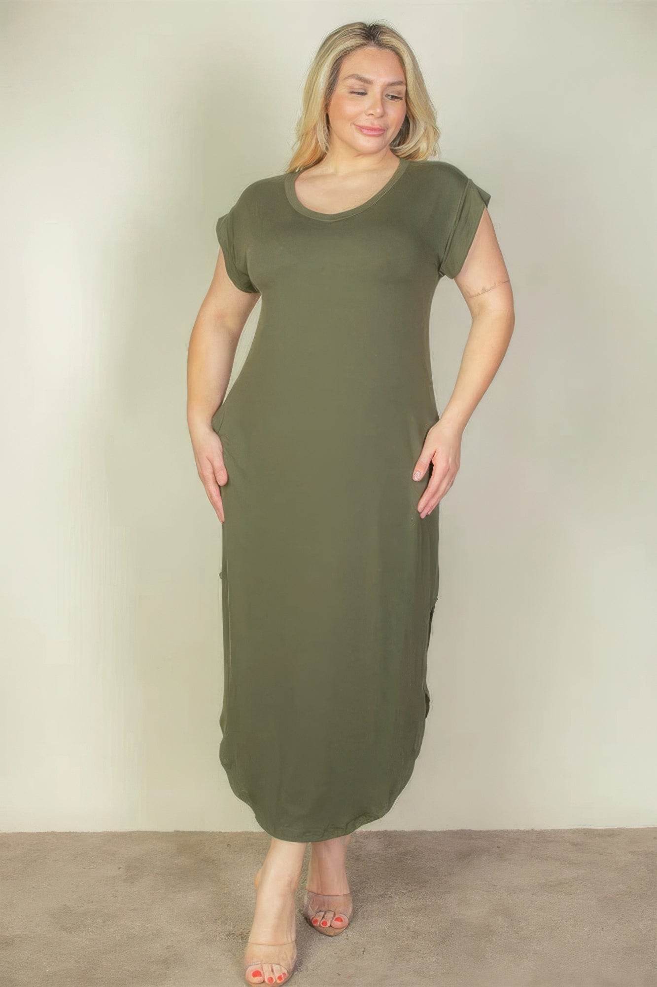 Plus Size Hidden Pocket Batwing Sleeve V Neck Long Dress - DaTrendStore.Com