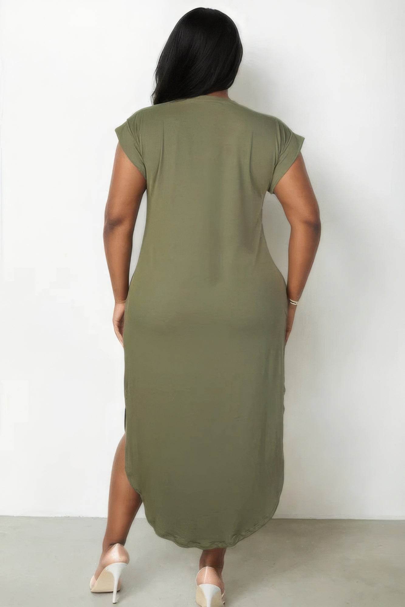 Plus Size Hidden Pocket Batwing Sleeve V Neck Long Dress - DaTrendStore.Com