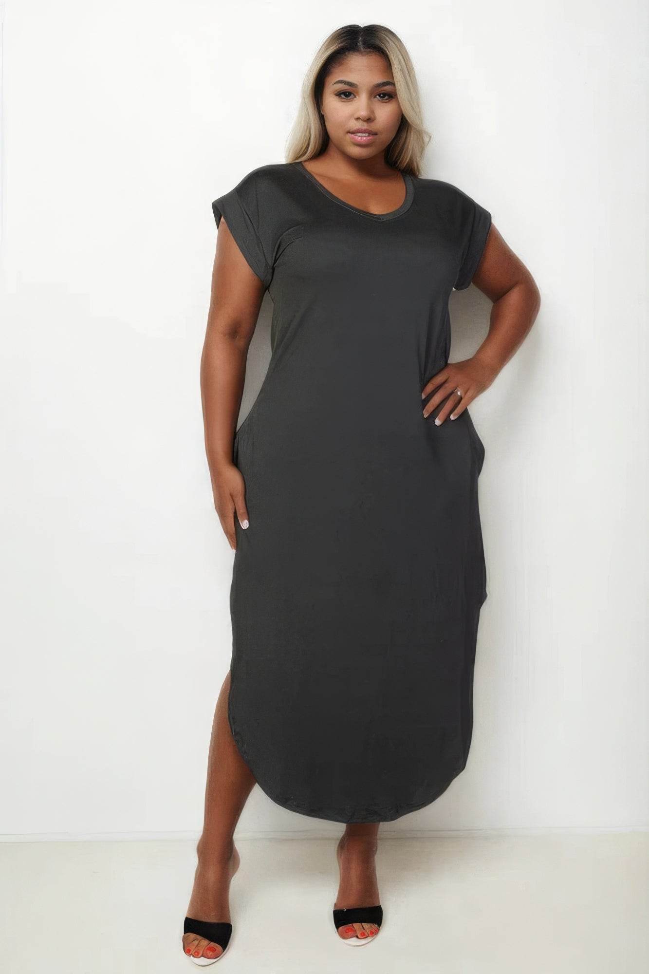 Plus Size Hidden Pocket Batwing Sleeve V Neck Long Dress - DaTrendStore.Com