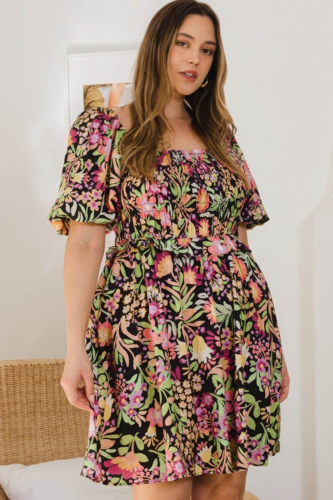 Plus Floral Printed Center Tie-back Mini Dress - DaTrendStore.Com