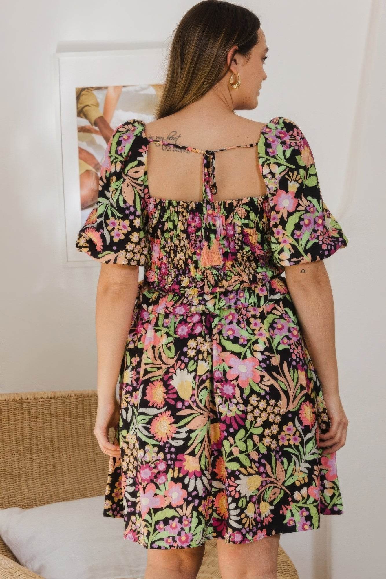 Plus Floral Printed Center Tie-back Mini Dress - DaTrendStore.Com