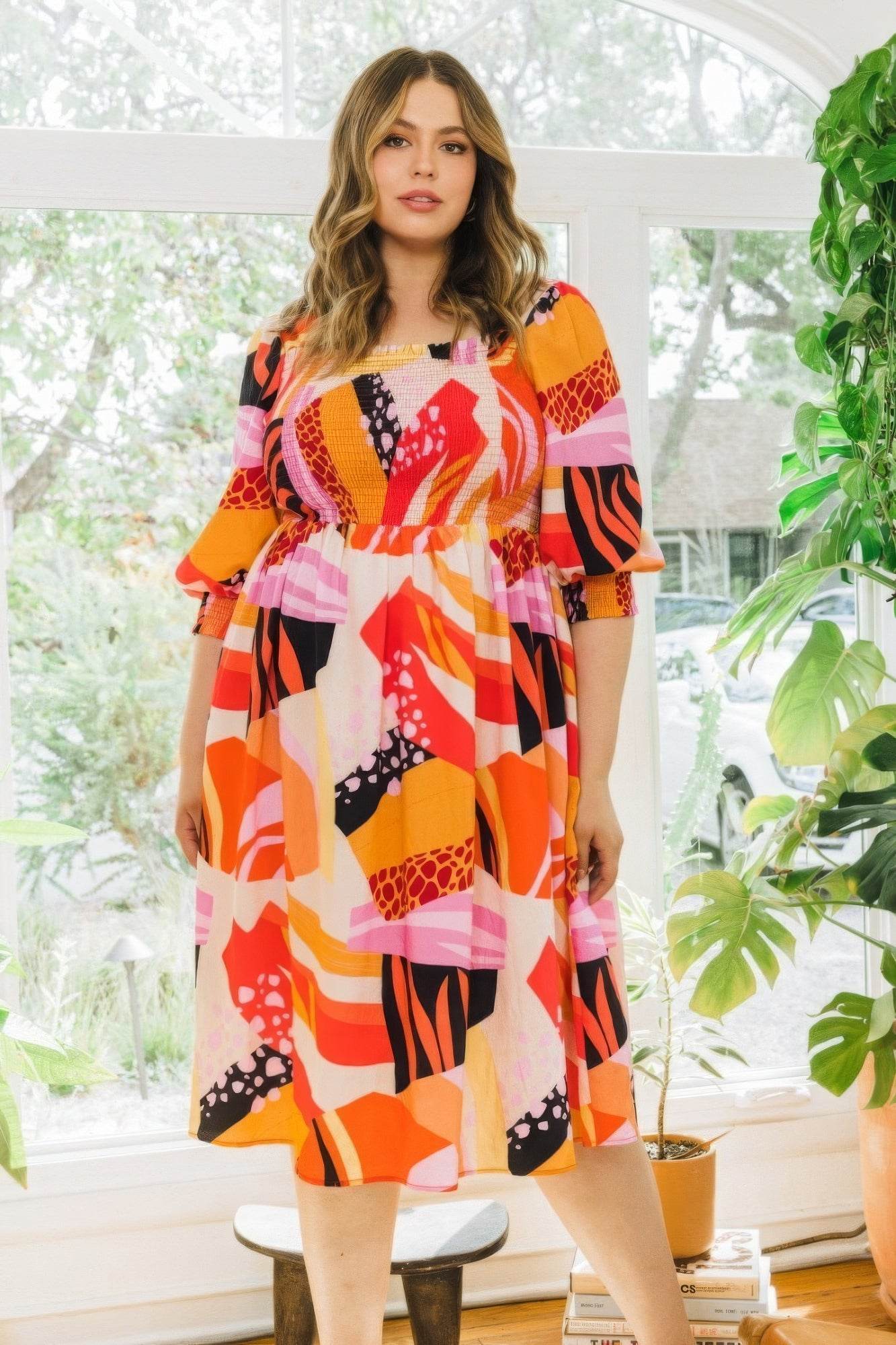Plus Floral Print Square Neckline Midi Dress - DaTrendStore.Com