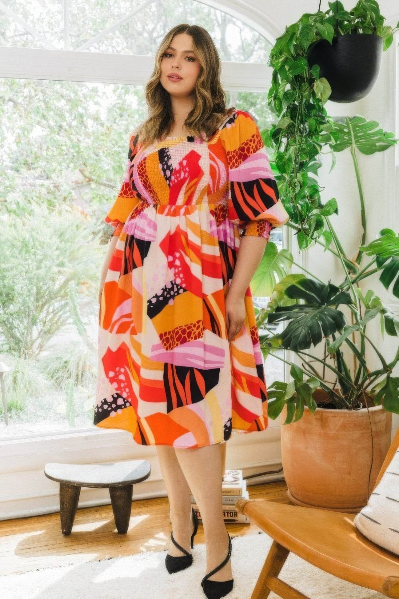 Plus Floral Print Square Neckline Midi Dress - DaTrendStore.Com
