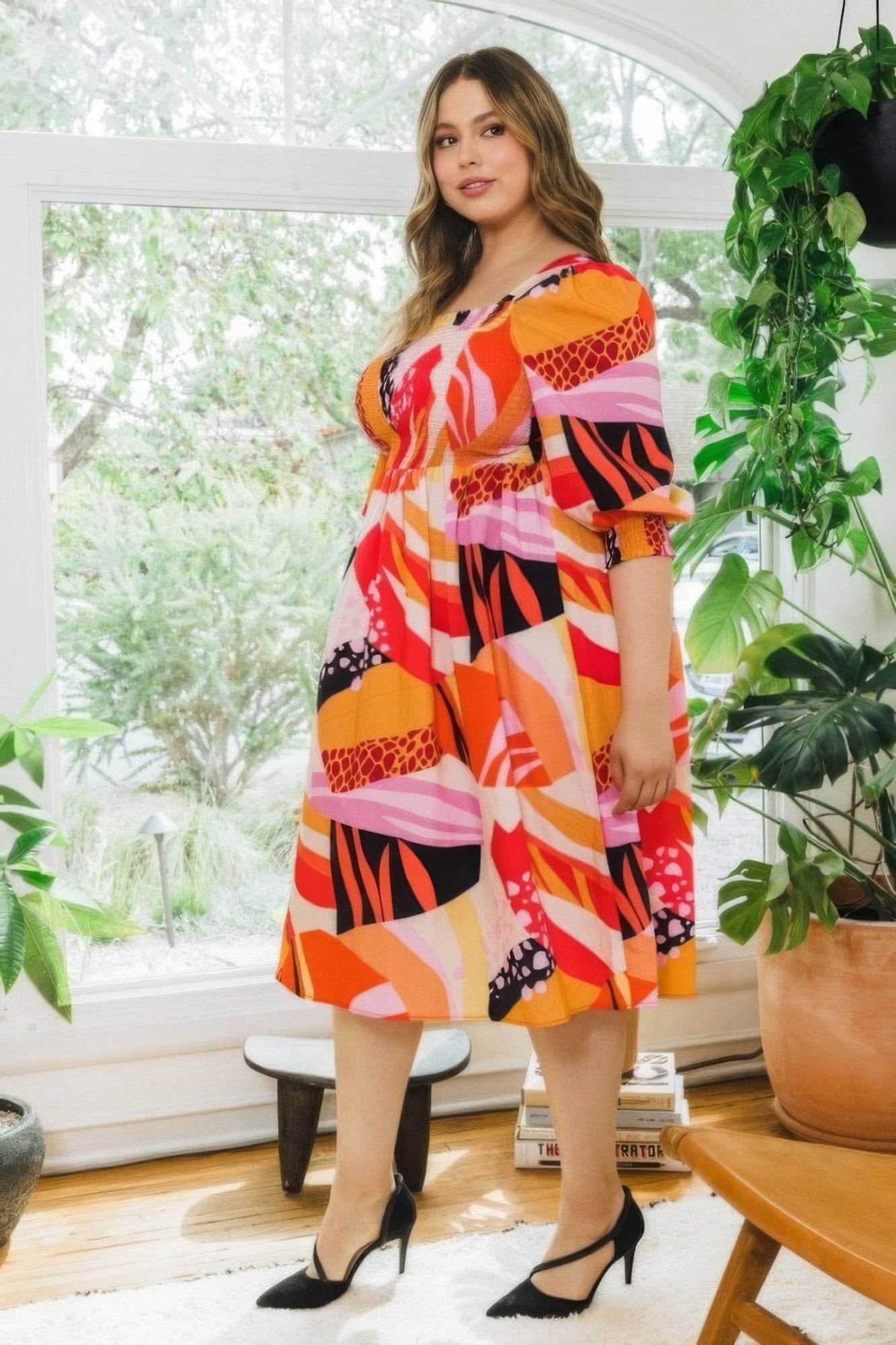 Plus Floral Print Square Neckline Midi Dress - DaTrendStore.Com