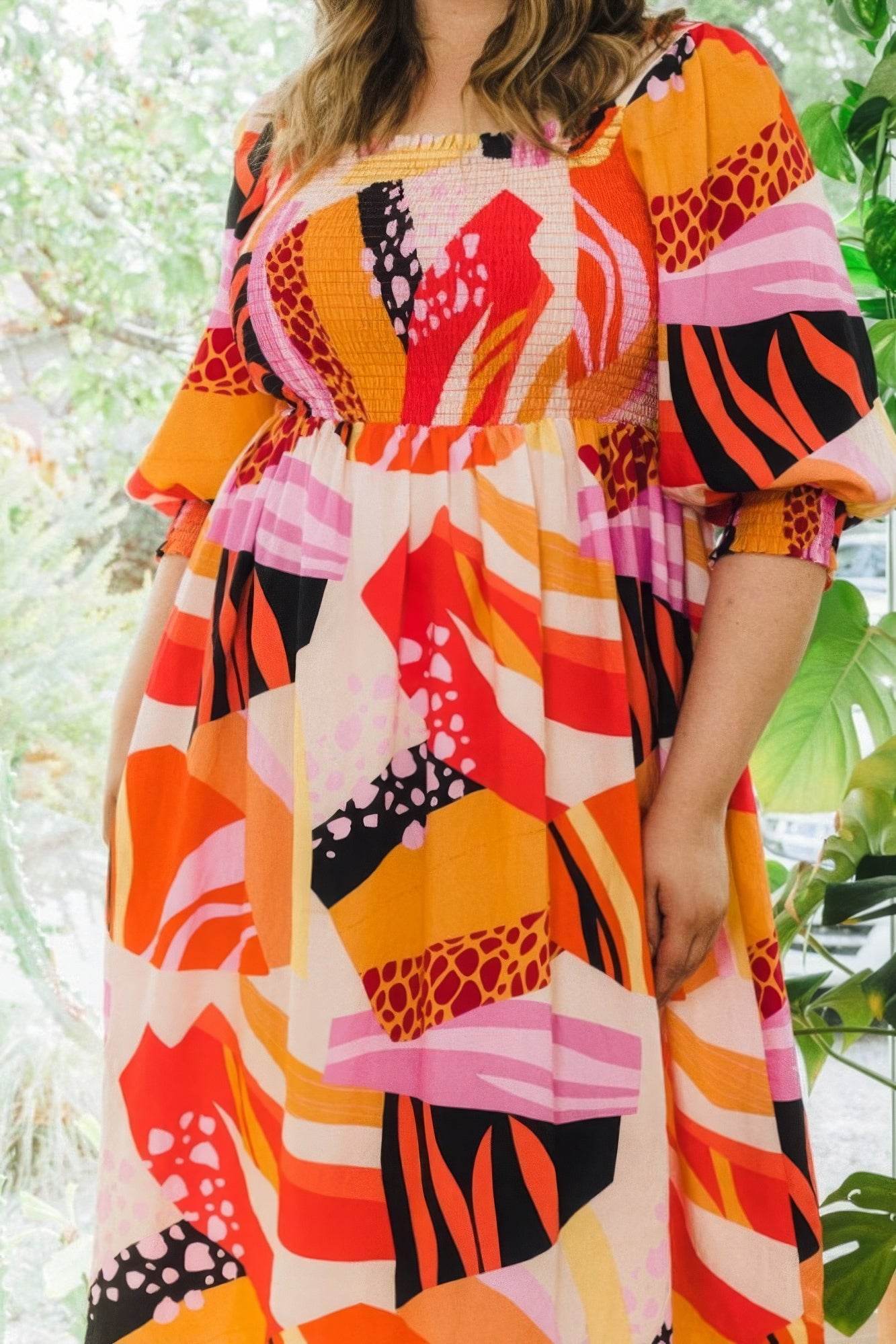 Plus Floral Print Square Neckline Midi Dress - DaTrendStore.Com