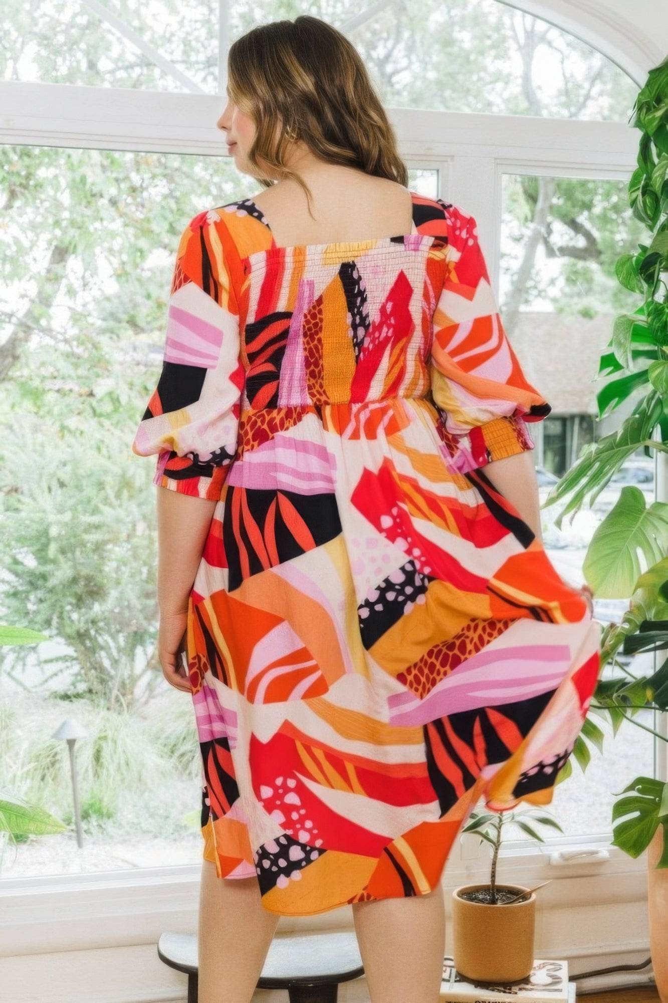 Plus Floral Print Square Neckline Midi Dress - DaTrendStore.Com