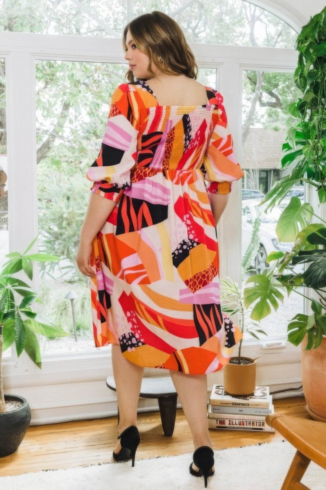 Plus Floral Print Square Neckline Midi Dress - DaTrendStore.Com