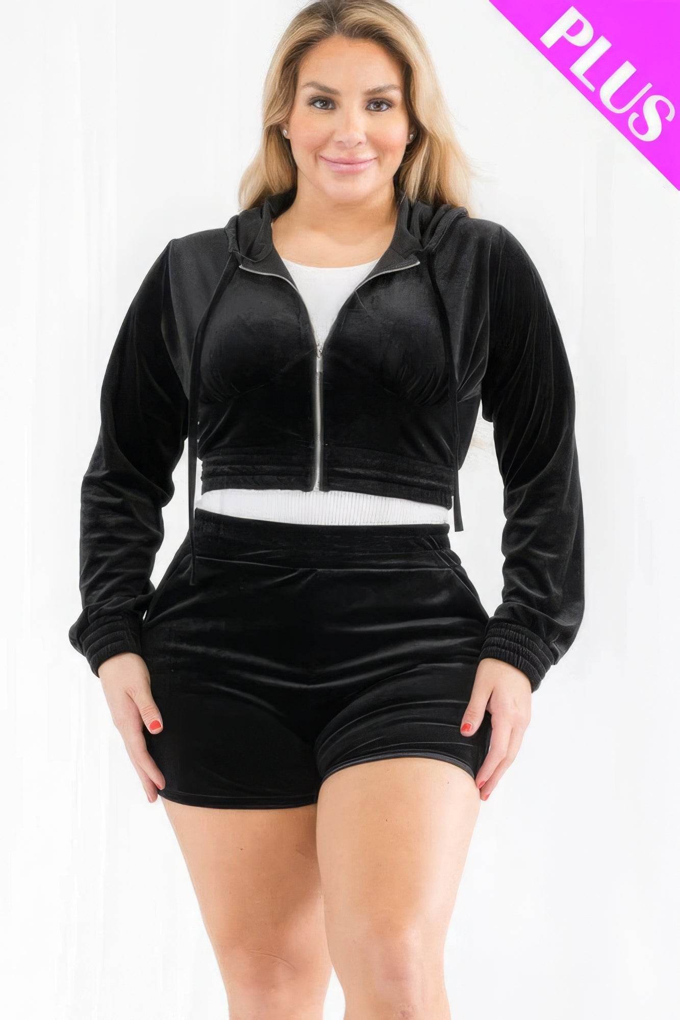 Plus Size Velour Crop Zip Up Hoodie And Shorts Set - DaTrendStore.Com