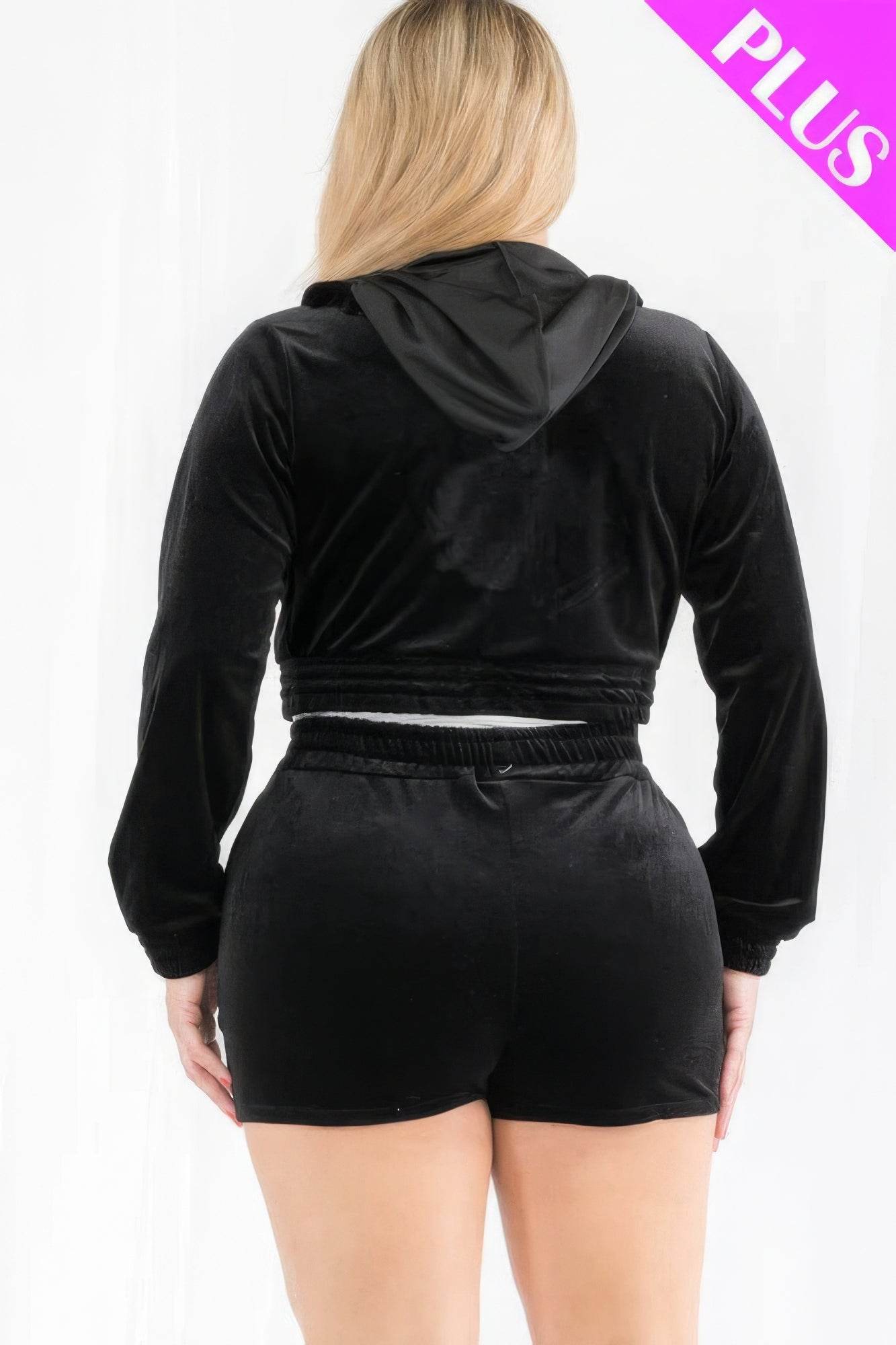 Plus Size Velour Crop Zip Up Hoodie And Shorts Set - DaTrendStore.Com