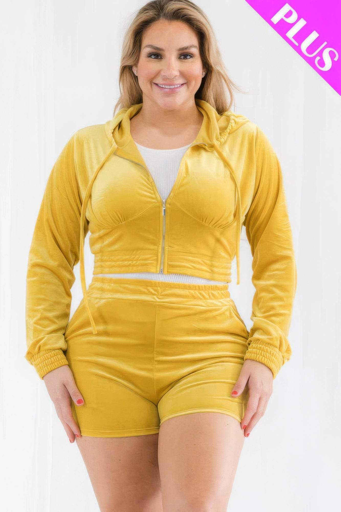 Plus Size Velour Crop Zip Up Hoodie And Shorts Set - DaTrendStore.Com