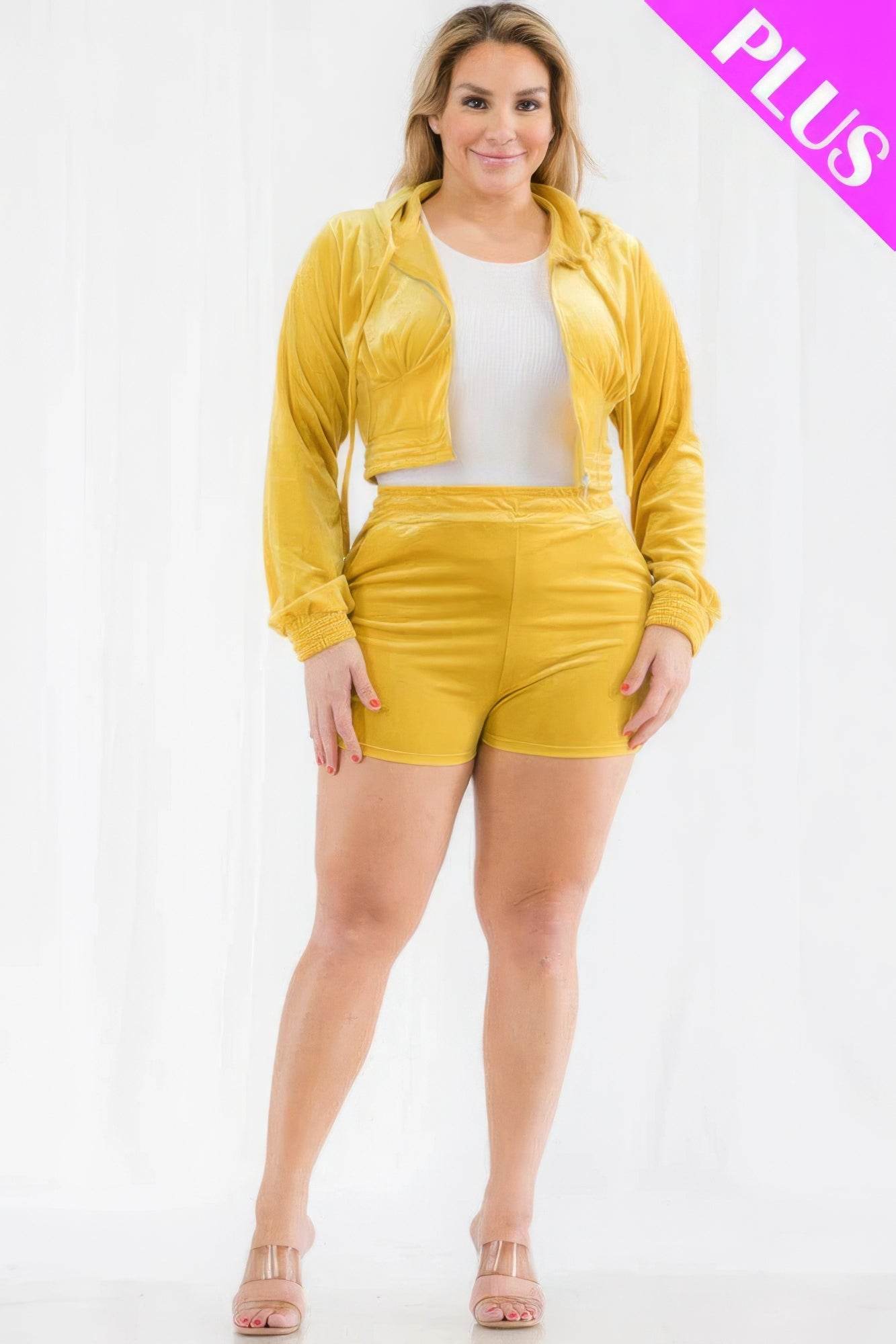 Plus Size Velour Crop Zip Up Hoodie And Shorts Set - DaTrendStore.Com