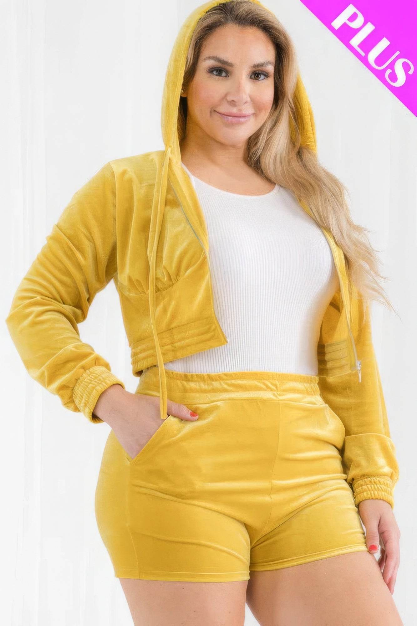 Plus Size Velour Crop Zip Up Hoodie And Shorts Set - DaTrendStore.Com