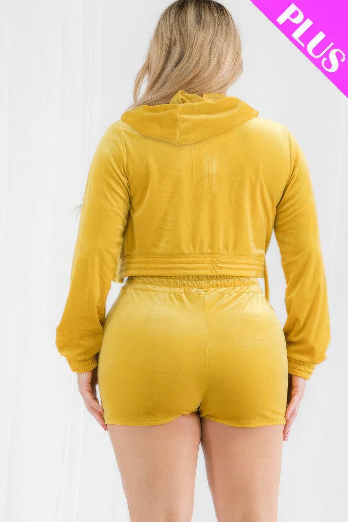 Plus Size Velour Crop Zip Up Hoodie And Shorts Set - DaTrendStore.Com