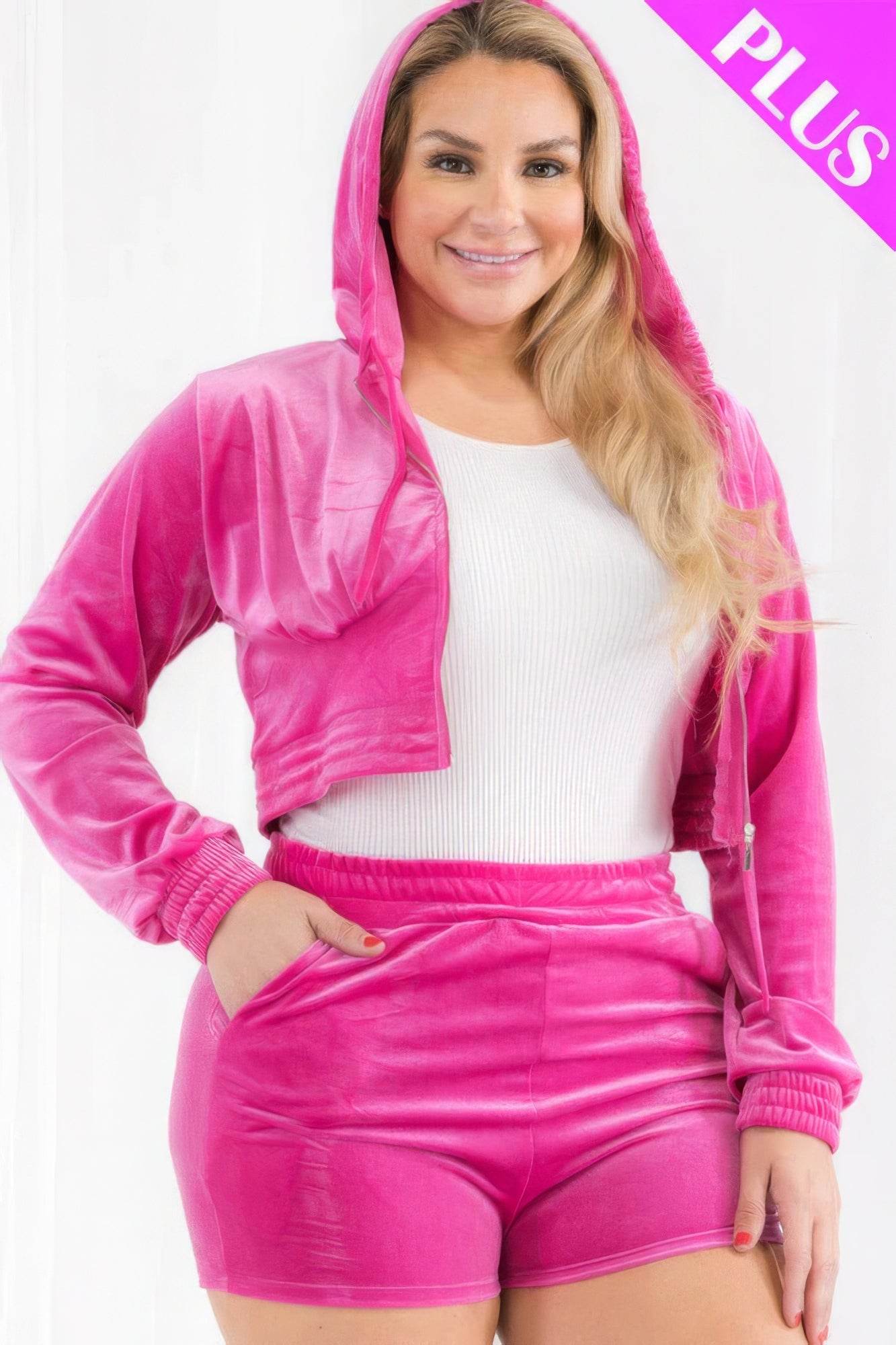 Plus Size Velour Crop Zip Up Hoodie And Shorts Set - DaTrendStore.Com