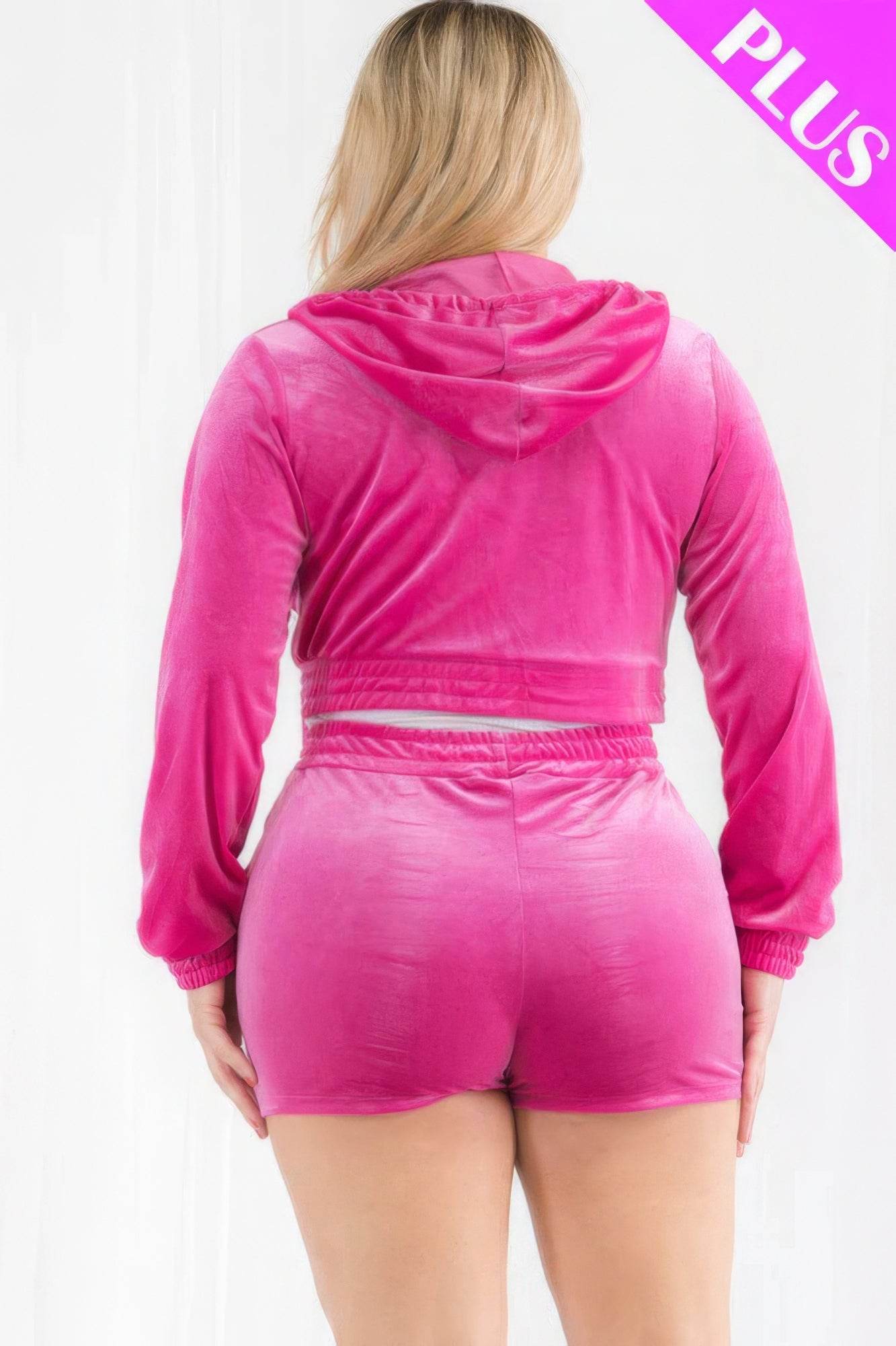Plus Size Velour Crop Zip Up Hoodie And Shorts Set - DaTrendStore.Com
