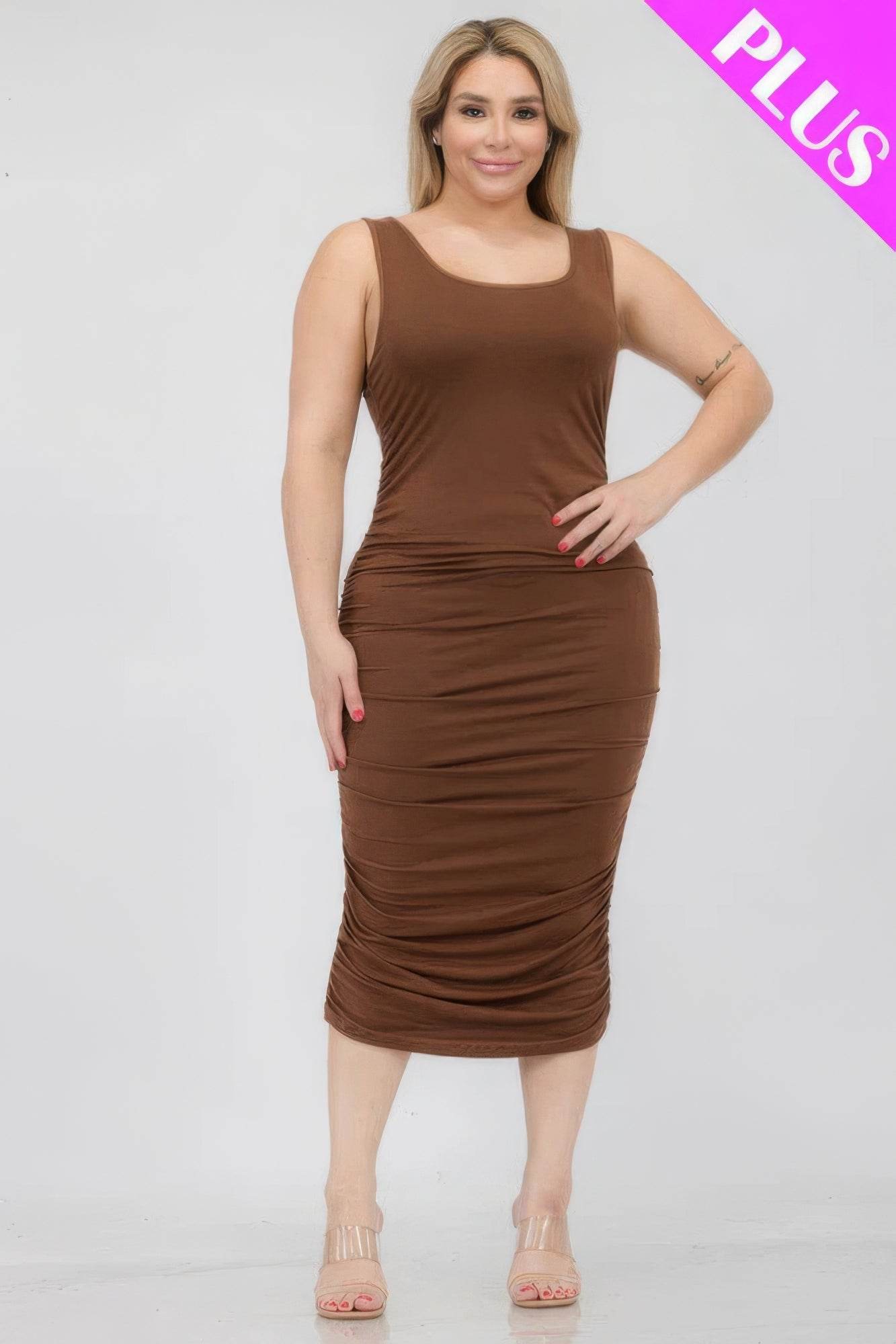 Plus Size Square Neck Ruched Bodycon Midi Dress - DaTrendStore.Com