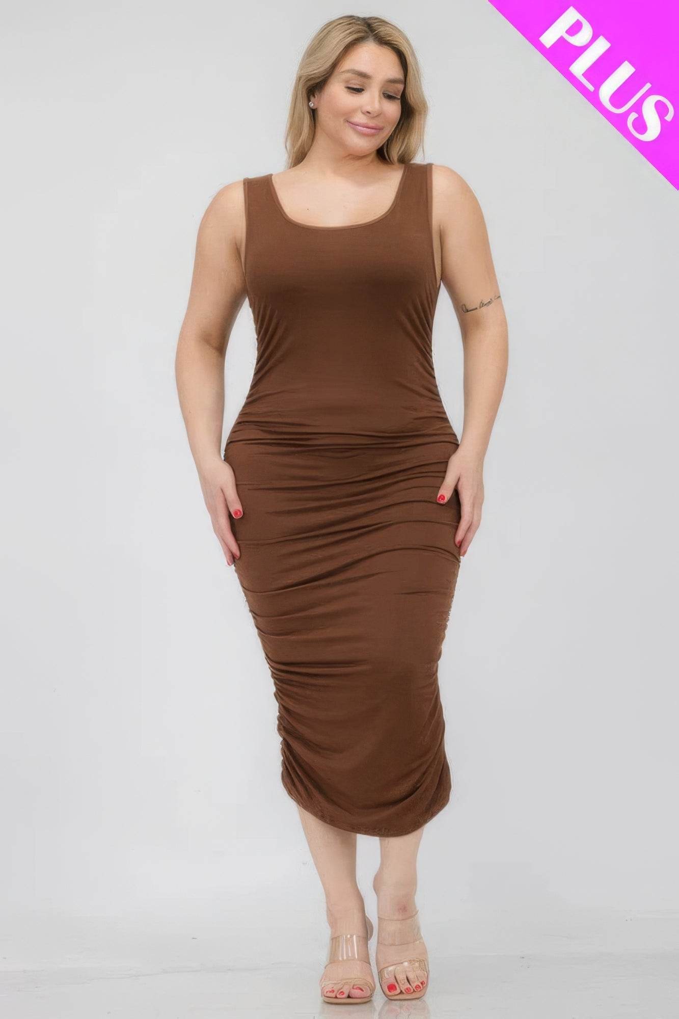 Plus Size Square Neck Ruched Bodycon Midi Dress - DaTrendStore.Com