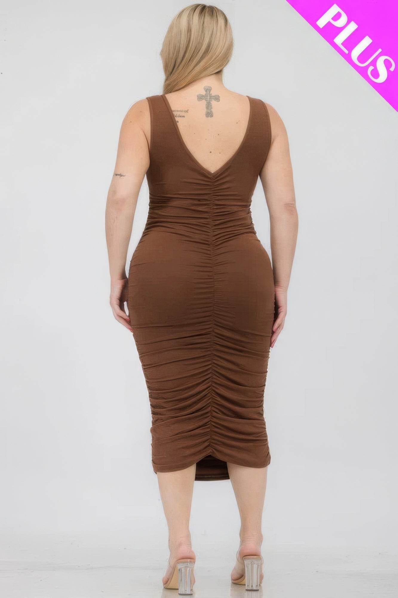 Plus Size Square Neck Ruched Bodycon Midi Dress - DaTrendStore.Com