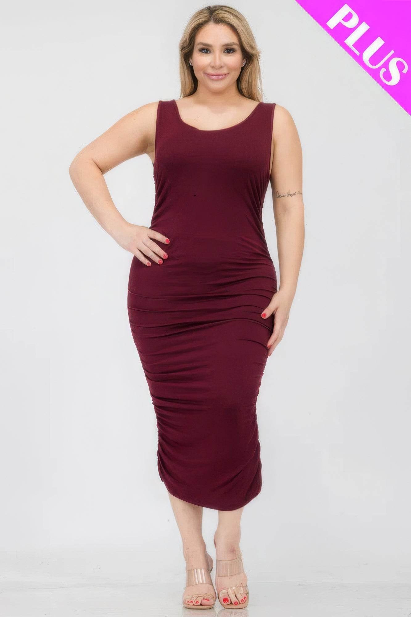 Plus Size Square Neck Ruched Bodycon Midi Dress - DaTrendStore.Com