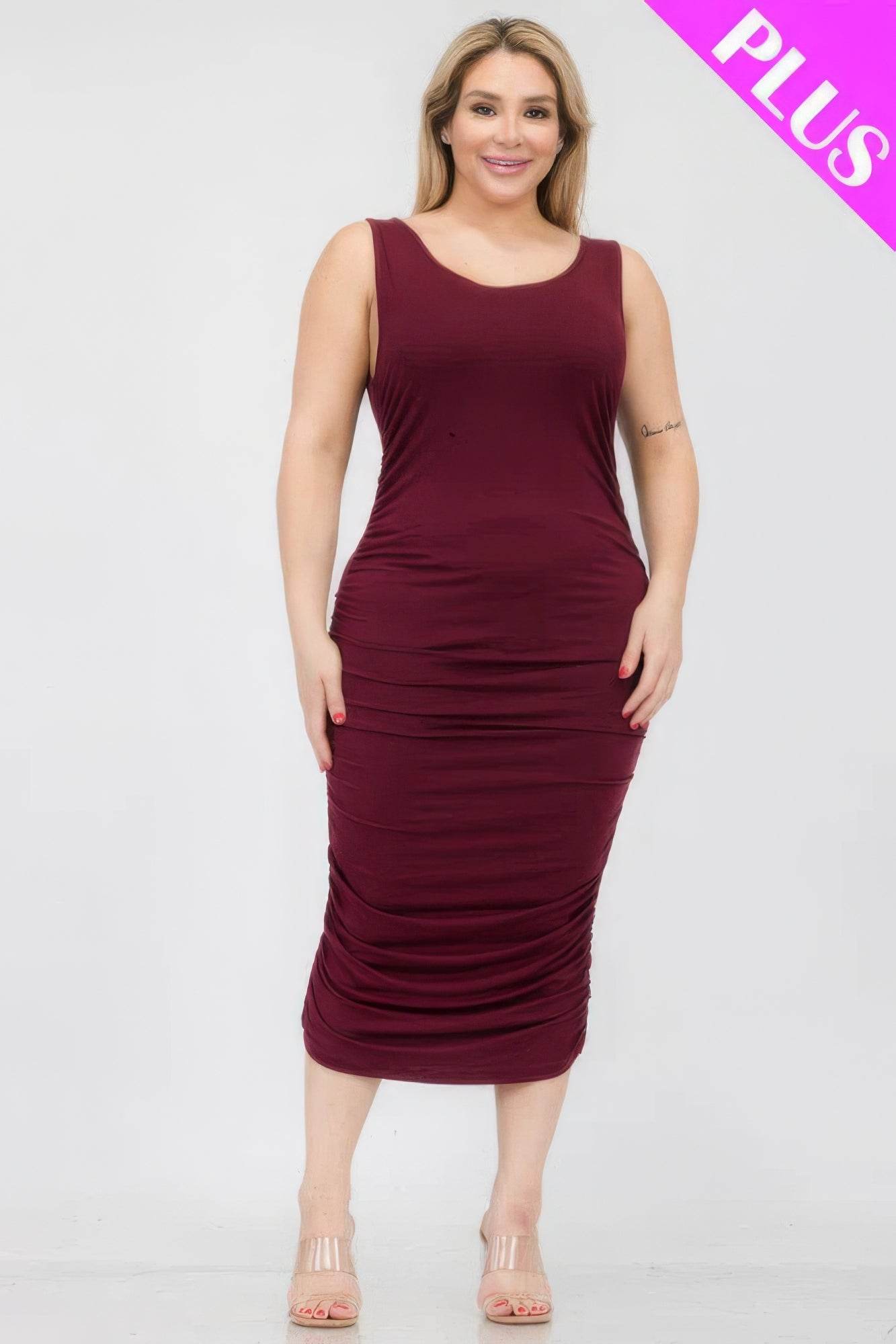 Plus Size Square Neck Ruched Bodycon Midi Dress - DaTrendStore.Com