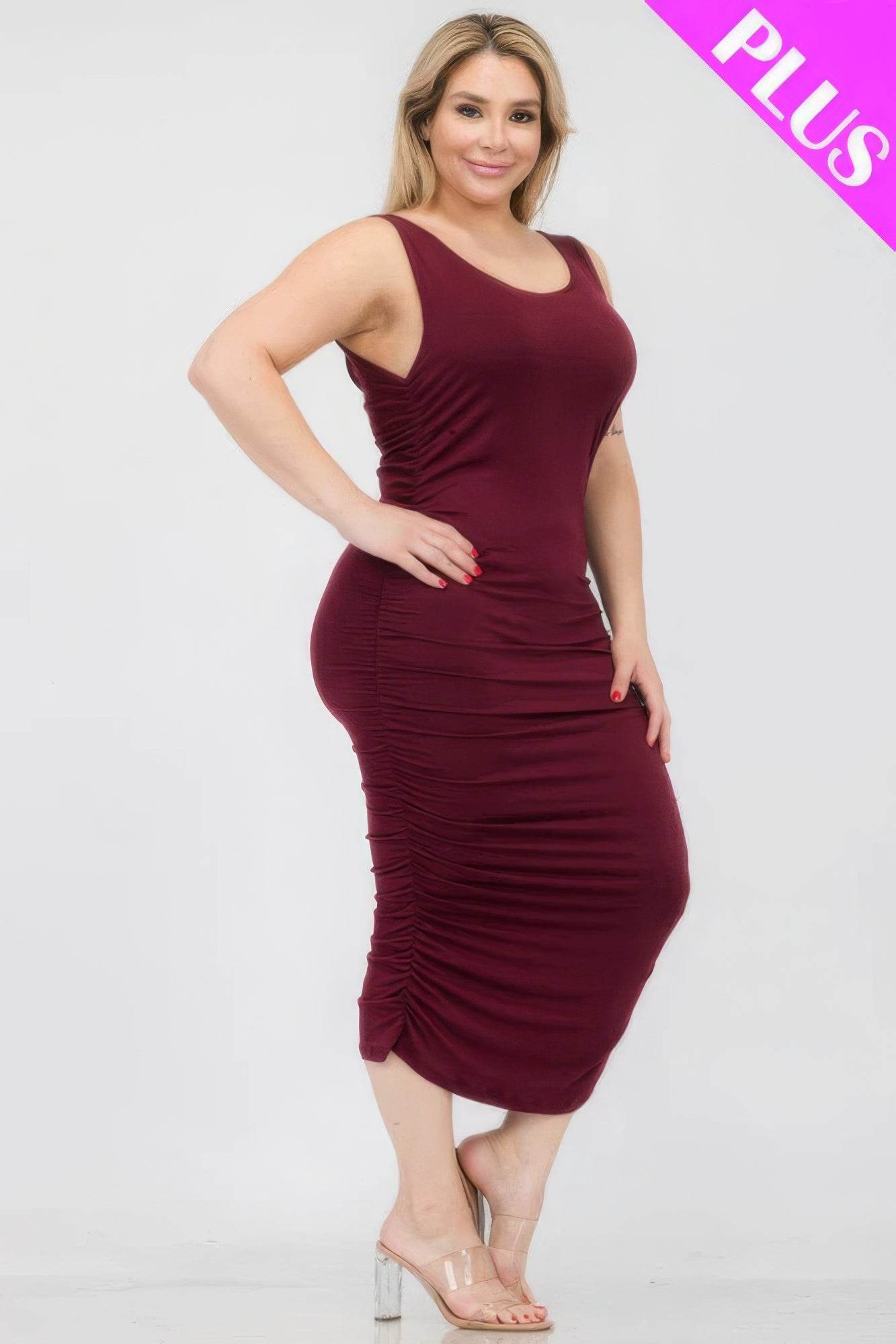 Plus Size Square Neck Ruched Bodycon Midi Dress - DaTrendStore.Com