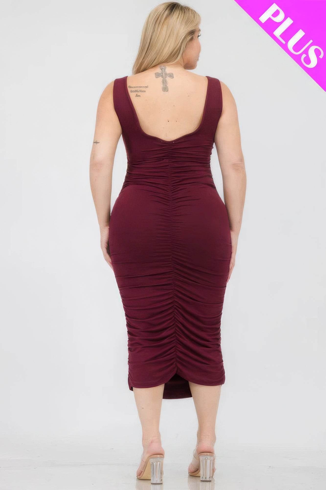 Plus Size Square Neck Ruched Bodycon Midi Dress - DaTrendStore.Com