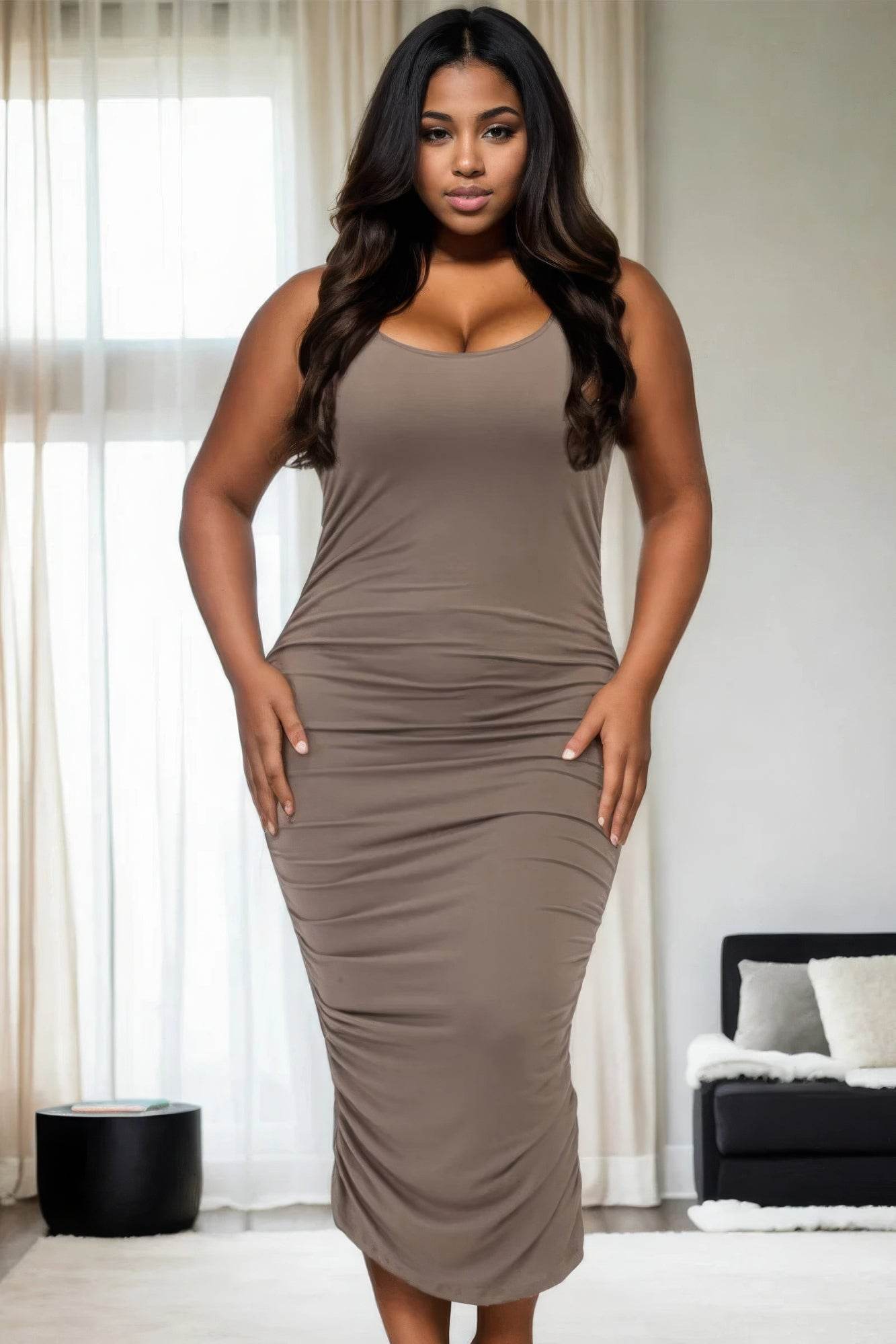 Plus Size Square Neck Ruched Bodycon Midi Dress - DaTrendStore.Com