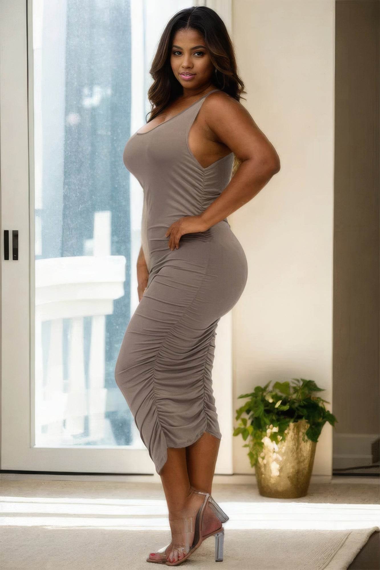 Plus Size Square Neck Ruched Bodycon Midi Dress - DaTrendStore.Com