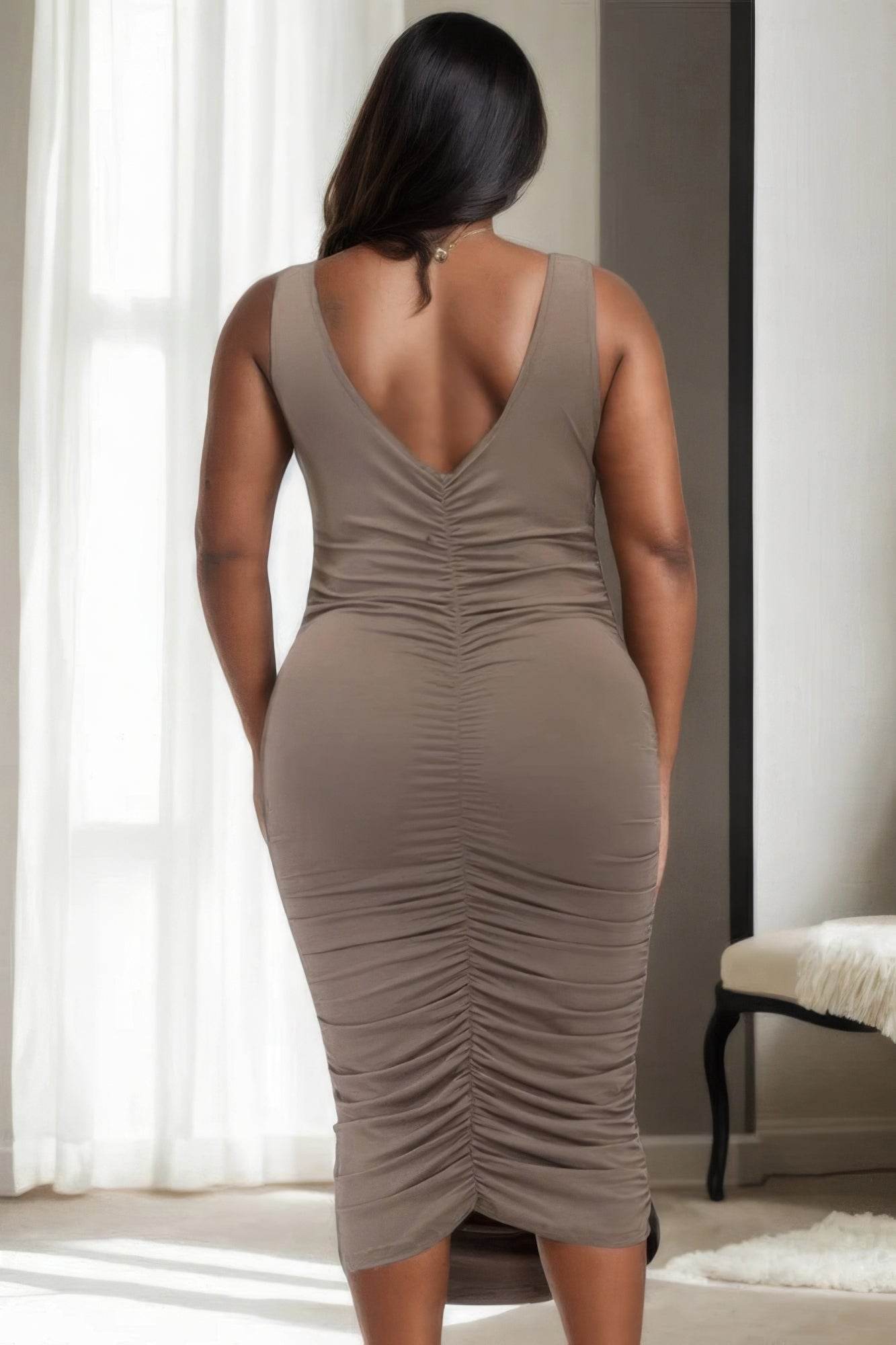 Plus Size Square Neck Ruched Bodycon Midi Dress - DaTrendStore.Com