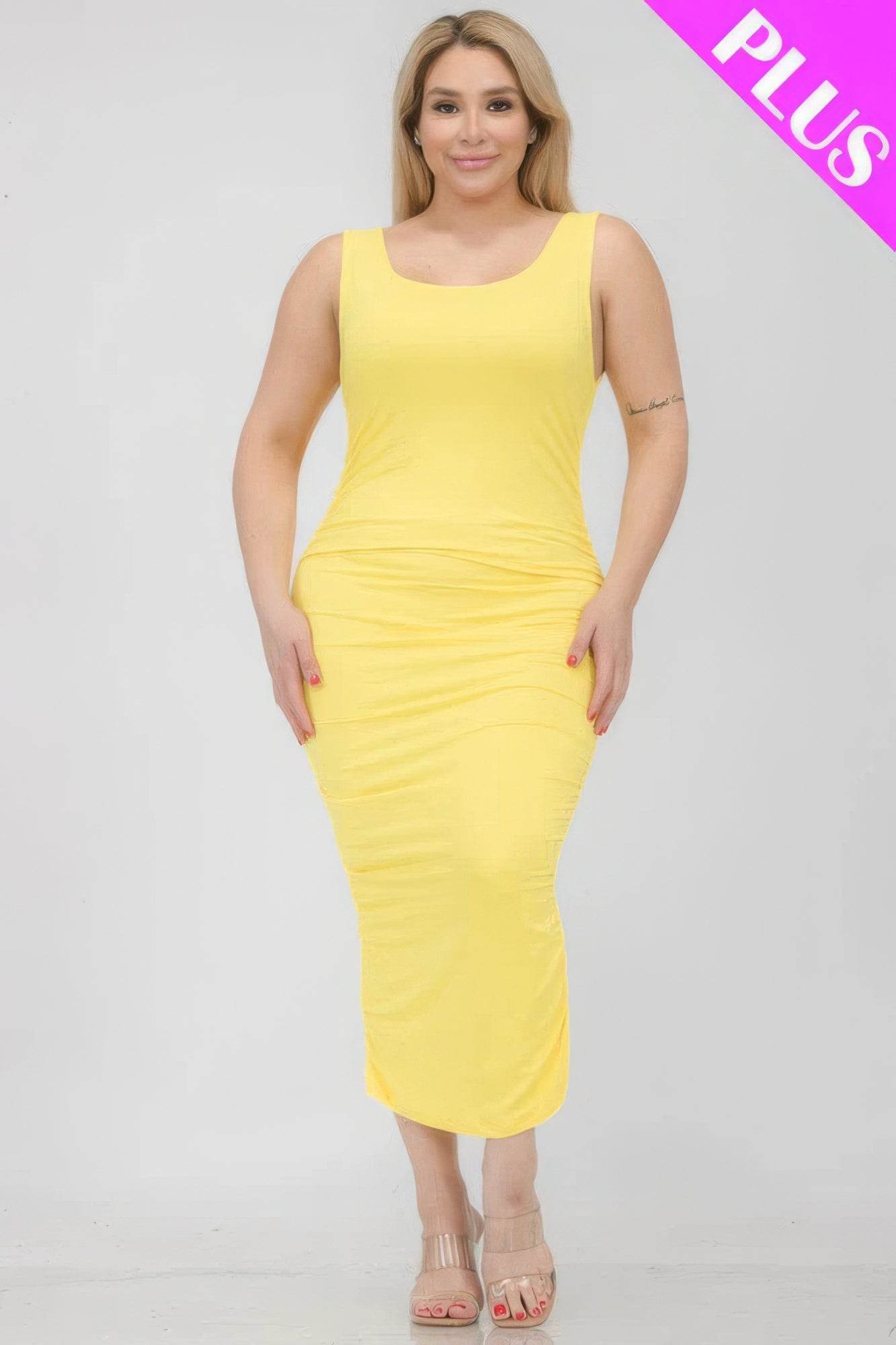 Plus Size Square Neck Ruched Bodycon Midi Dress - DaTrendStore.Com