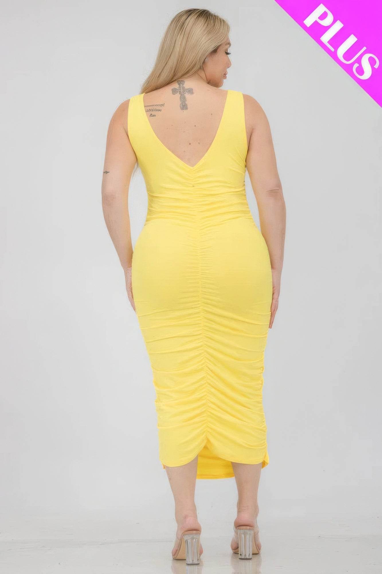 Plus Size Square Neck Ruched Bodycon Midi Dress - DaTrendStore.Com