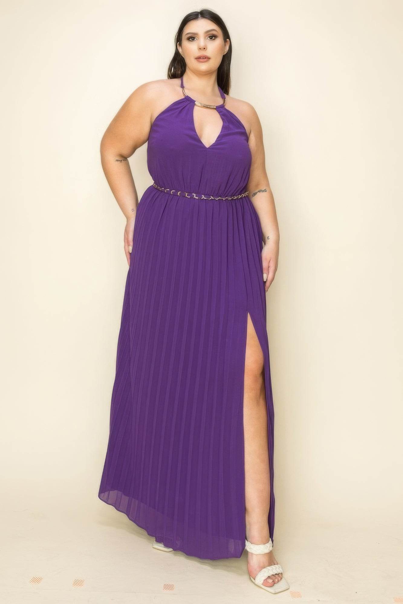 Chiffon Pleated Gold Trim Neck & Belt Cut Out Chest Maxi Dress - DaTrendStore.Com