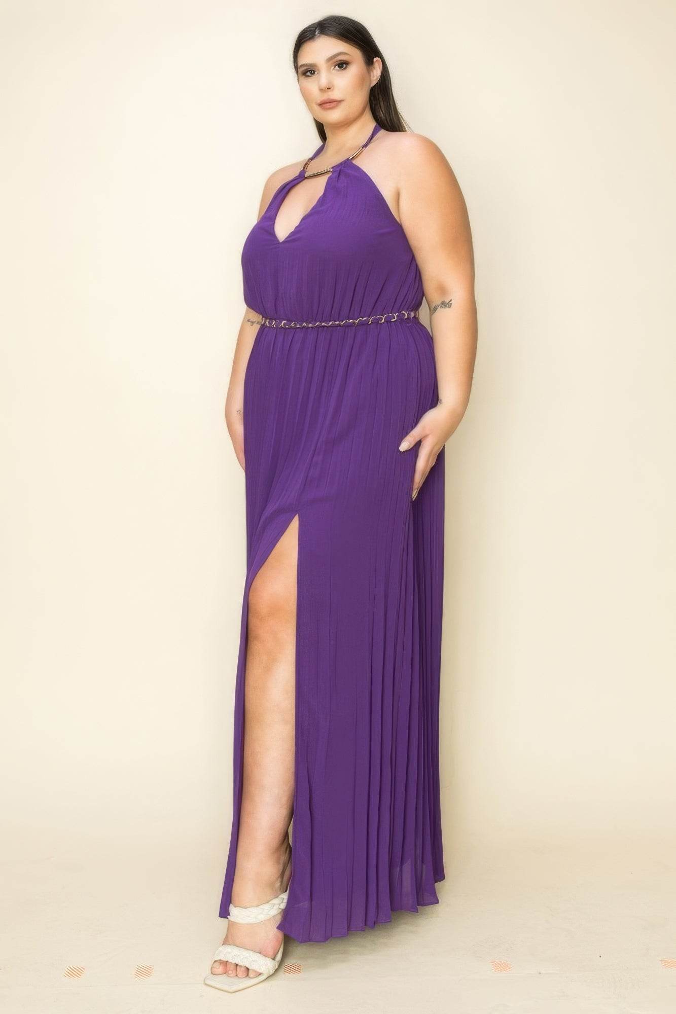 Chiffon Pleated Gold Trim Neck & Belt Cut Out Chest Maxi Dress - DaTrendStore.Com
