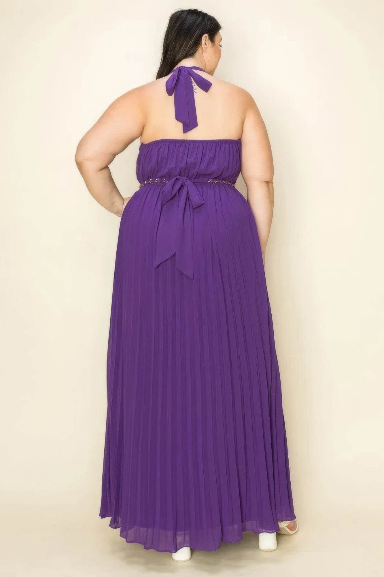 Chiffon Pleated Gold Trim Neck & Belt Cut Out Chest Maxi Dress - DaTrendStore.Com
