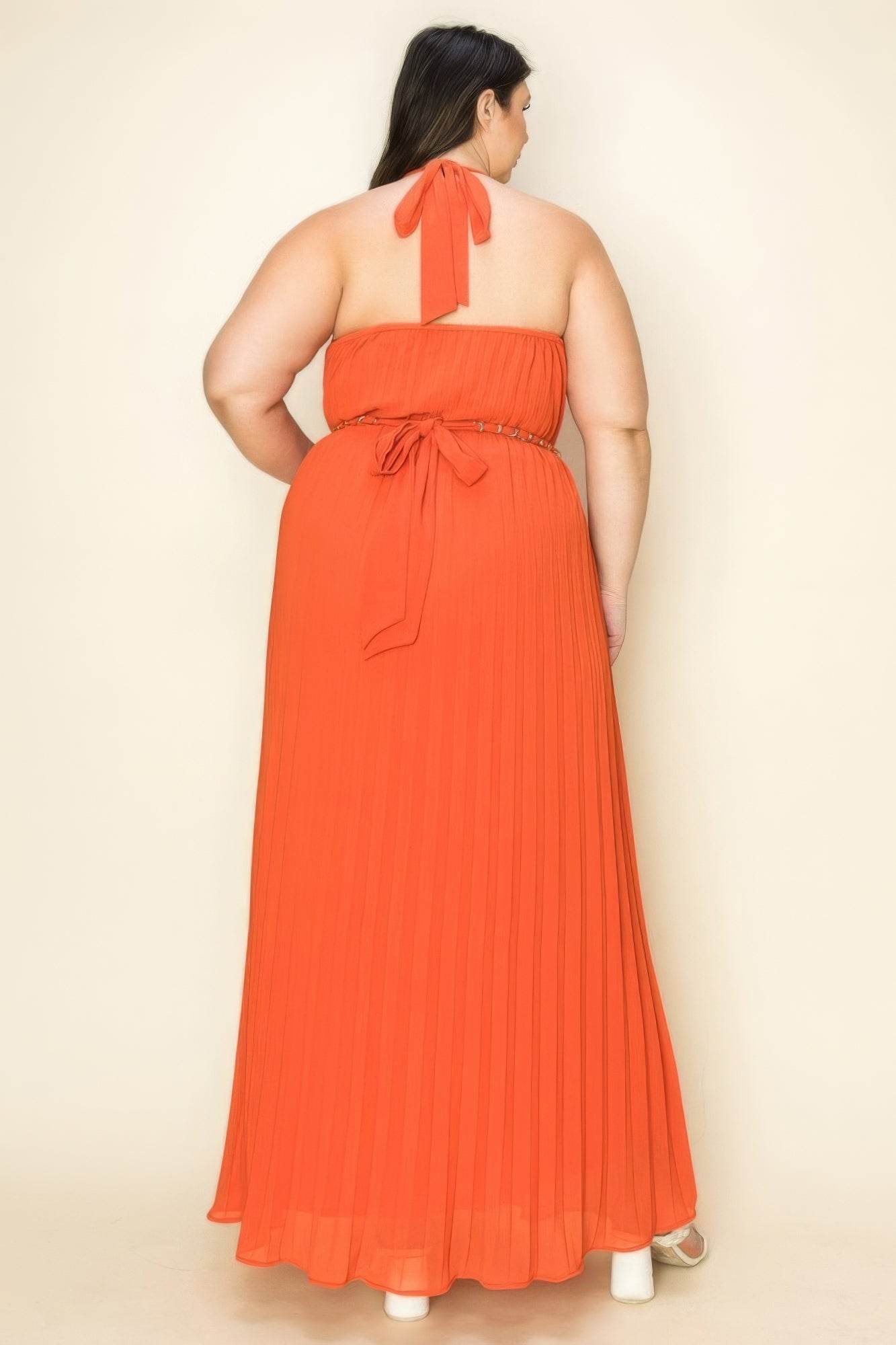 Chiffon Pleated Gold Trim Neck & Belt Cut Out Chest Maxi Dress - DaTrendStore.Com
