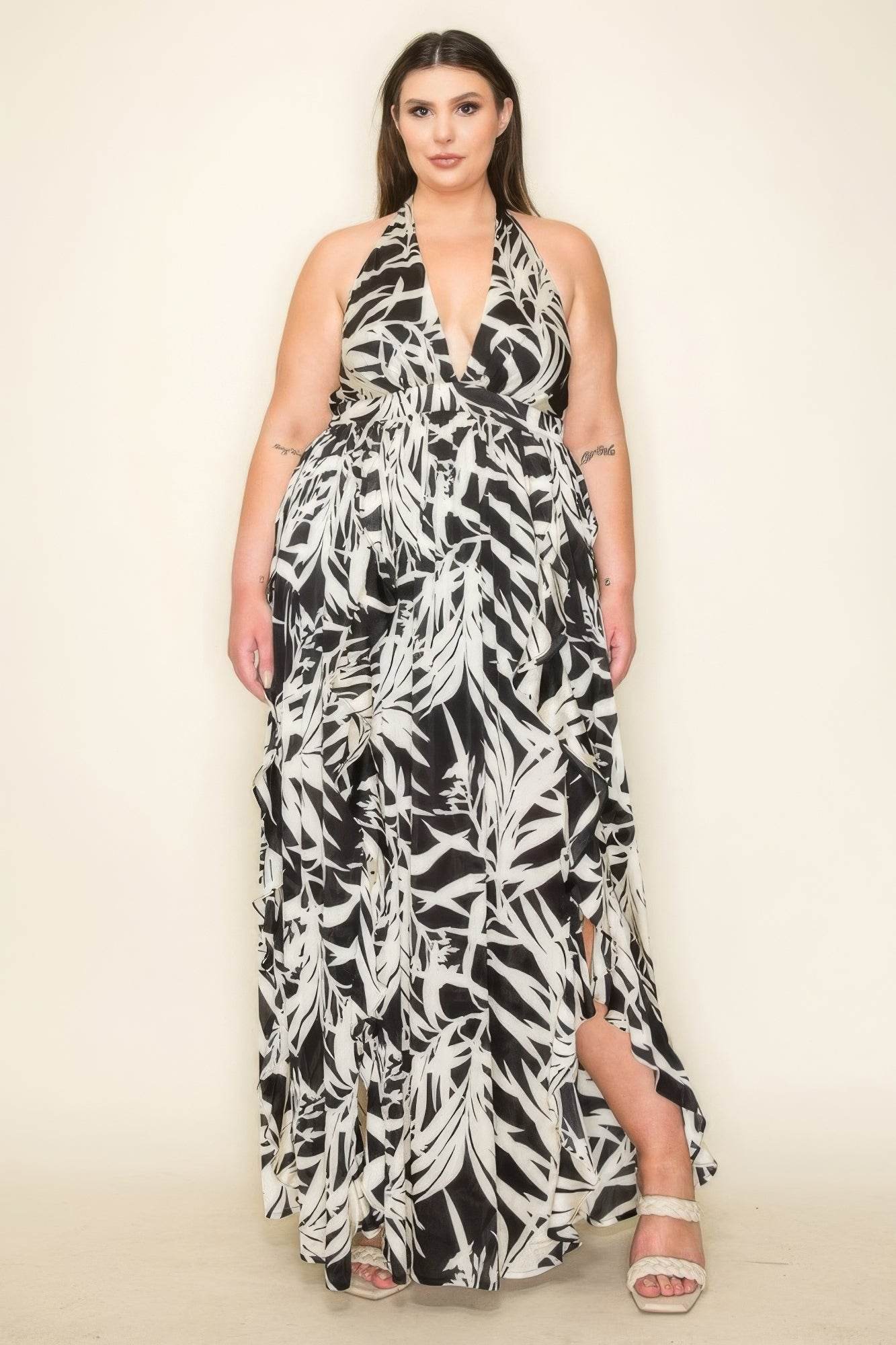 Crinkle Satin Printed Halter Ruffled Detail Smocked Waist Slit Frt Maxi Dress - DaTrendStore.Com