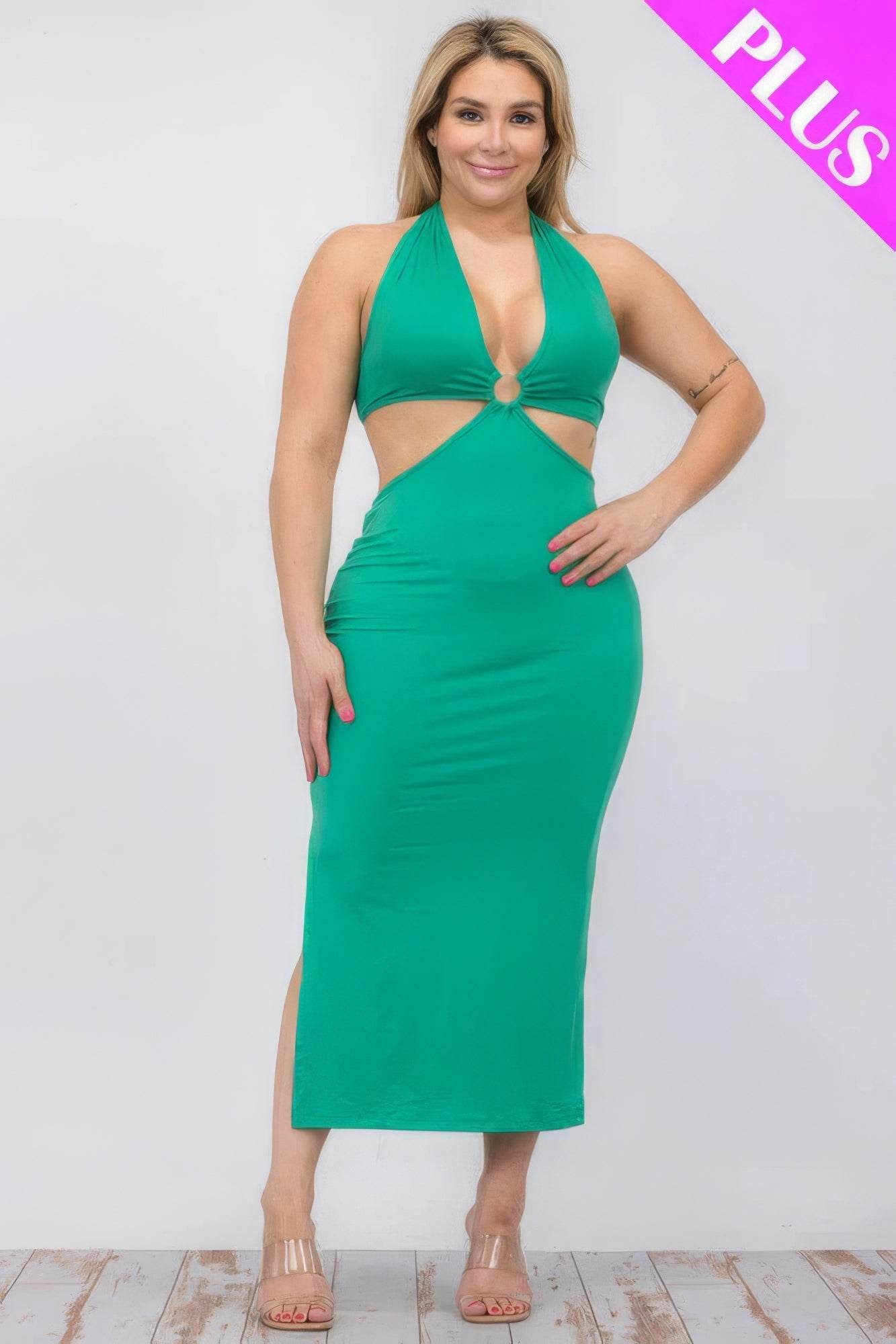 Plus Size Cut-out Halter Neck Double Back Tie Split Thigh Midi Dress - DaTrendStore.Com