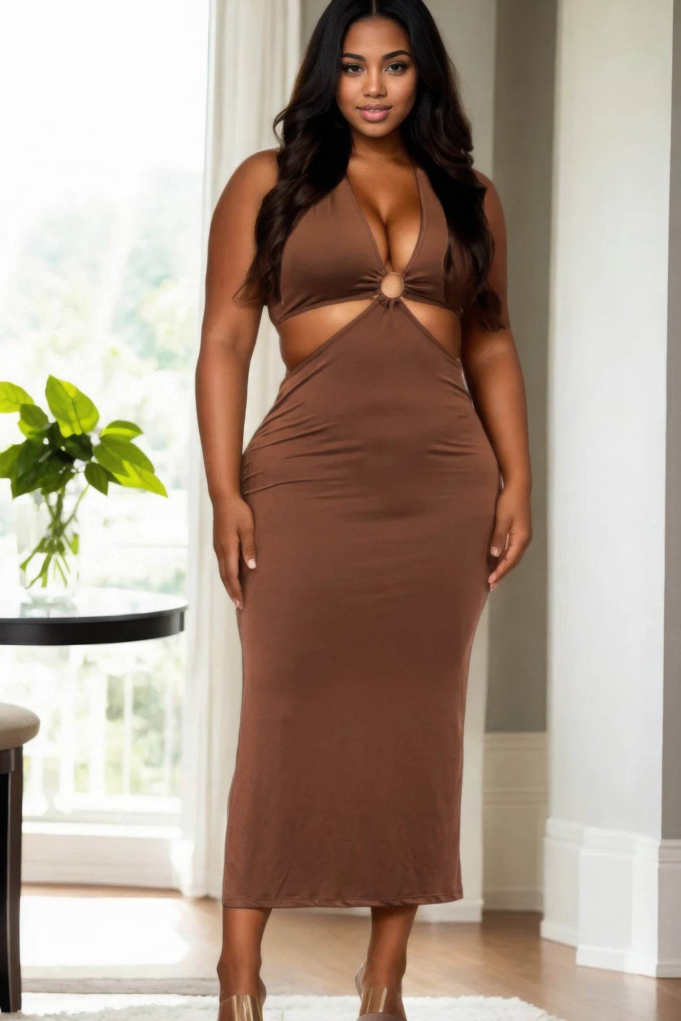 Plus Size Cut-out Halter Neck Double Back Tie Split Thigh Midi Dress - DaTrendStore.Com