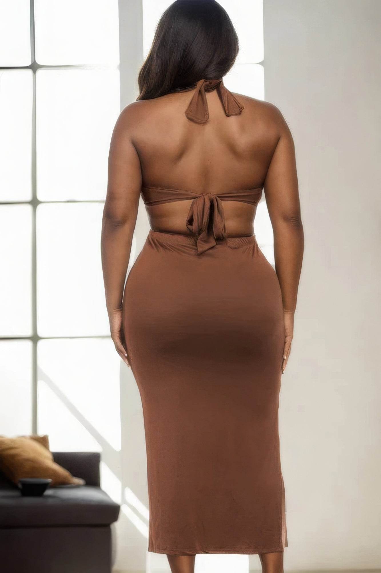 Plus Size Cut-out Halter Neck Double Back Tie Split Thigh Midi Dress - DaTrendStore.Com
