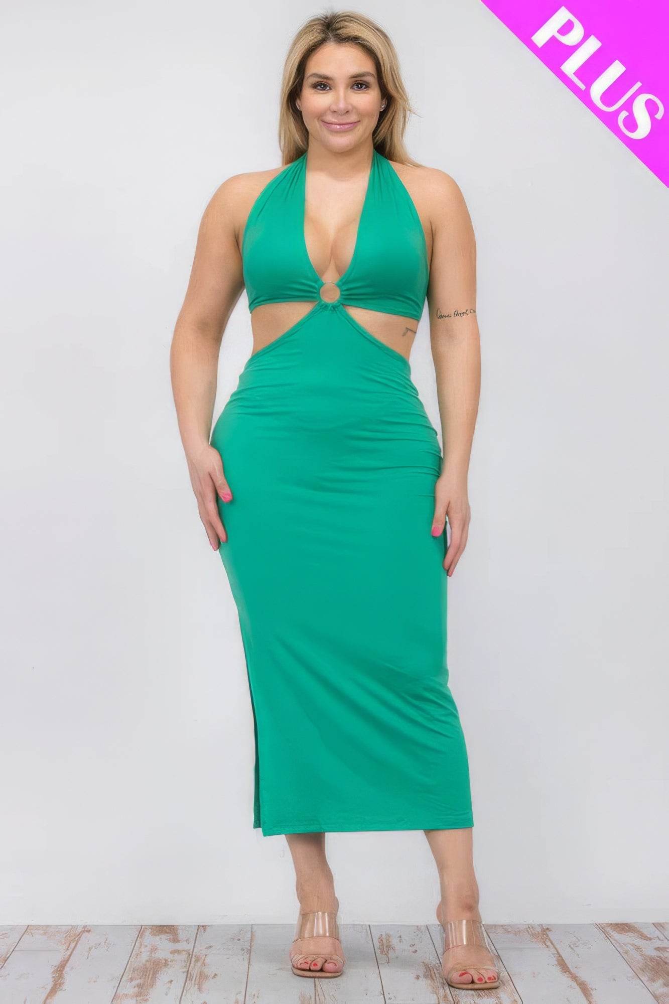 Plus Size Cut-out Halter Neck Double Back Tie Split Thigh Midi Dress - DaTrendStore.Com