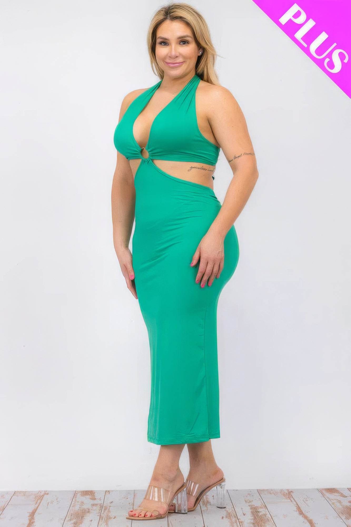 Plus Size Cut-out Halter Neck Double Back Tie Split Thigh Midi Dress - DaTrendStore.Com