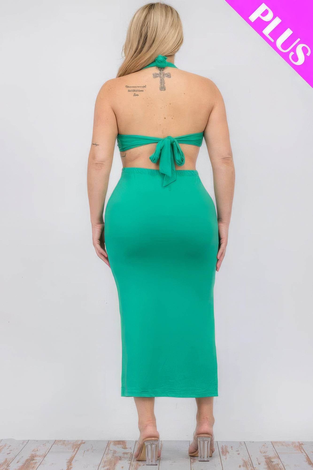 Plus Size Cut-out Halter Neck Double Back Tie Split Thigh Midi Dress - DaTrendStore.Com
