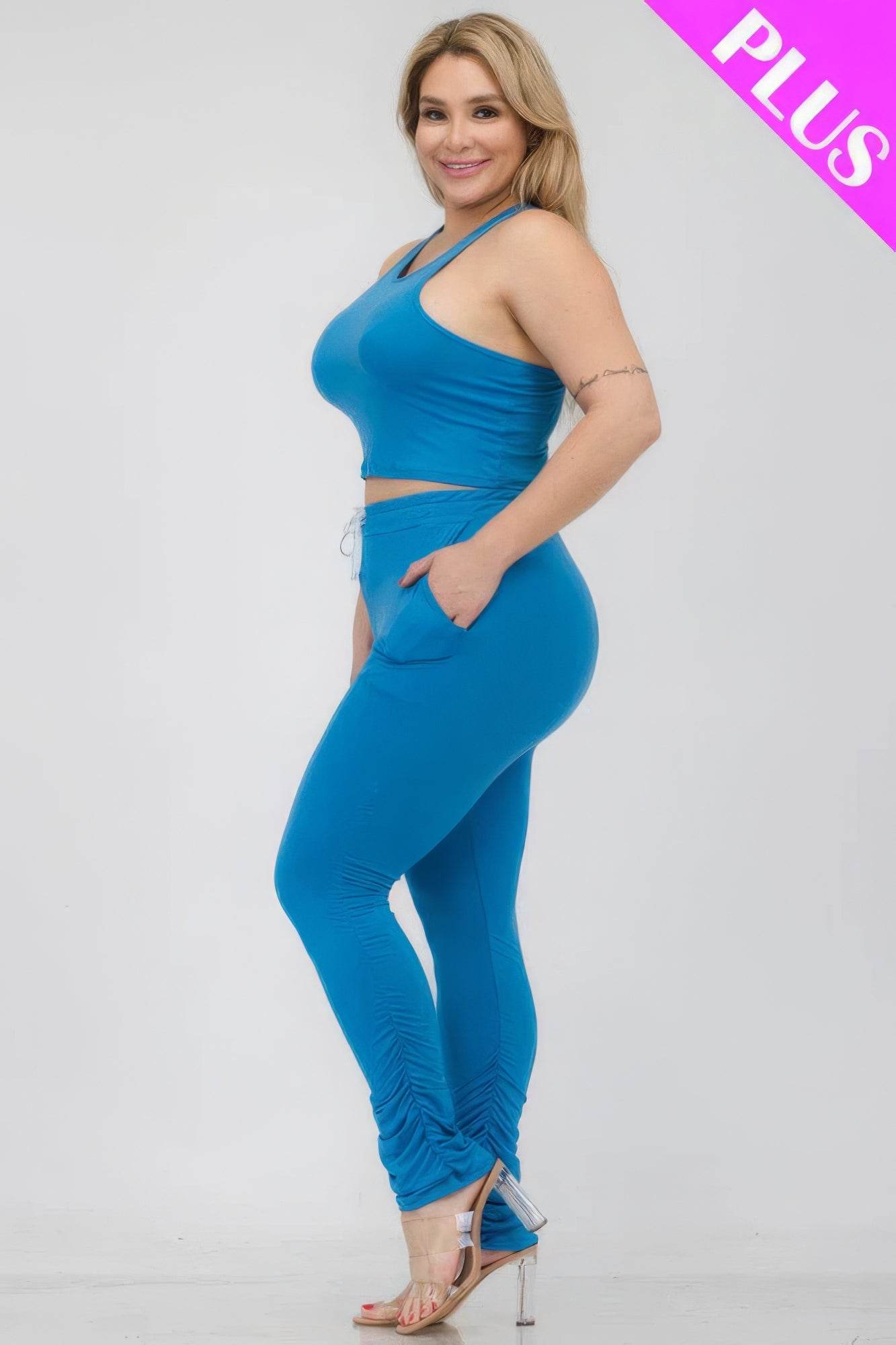Plus Size Crop Tank Top & Ruched Pants Set - DaTrendStore.Com