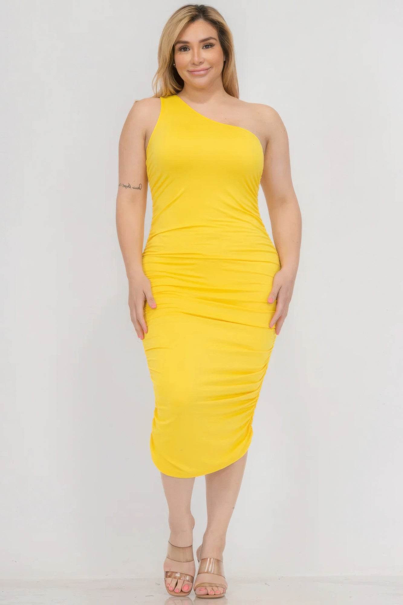 Plus Size Sexy Solid Color Ruched One Shoulder Midi Bodycon Dress - DaTrendStore.Com