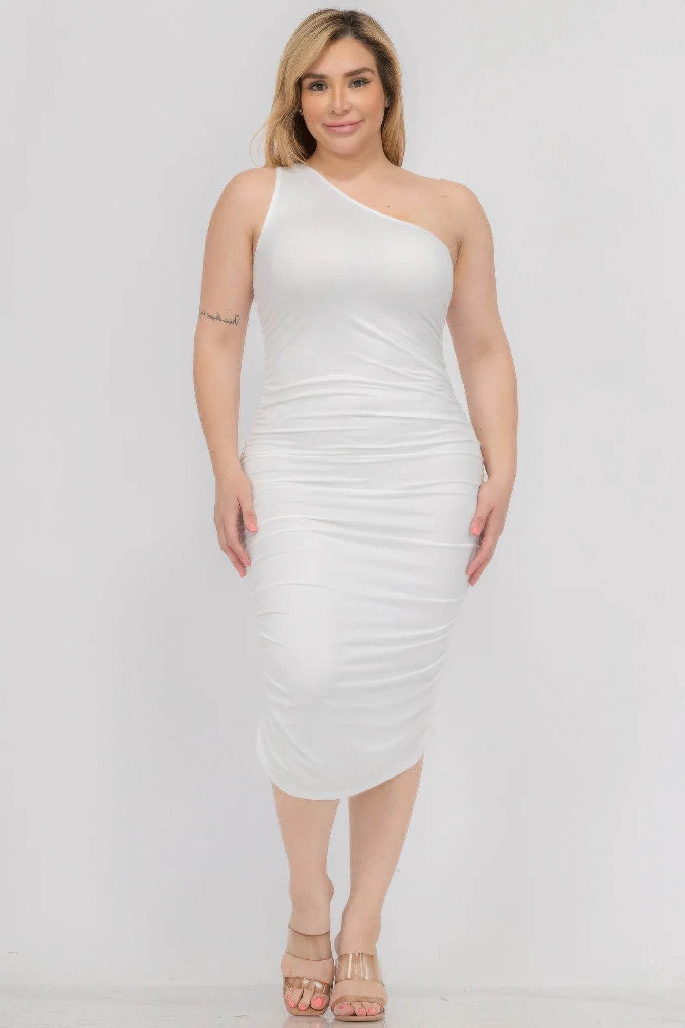 Plus Size Sexy Solid Color Ruched One Shoulder Midi Bodycon Dress - DaTrendStore.Com