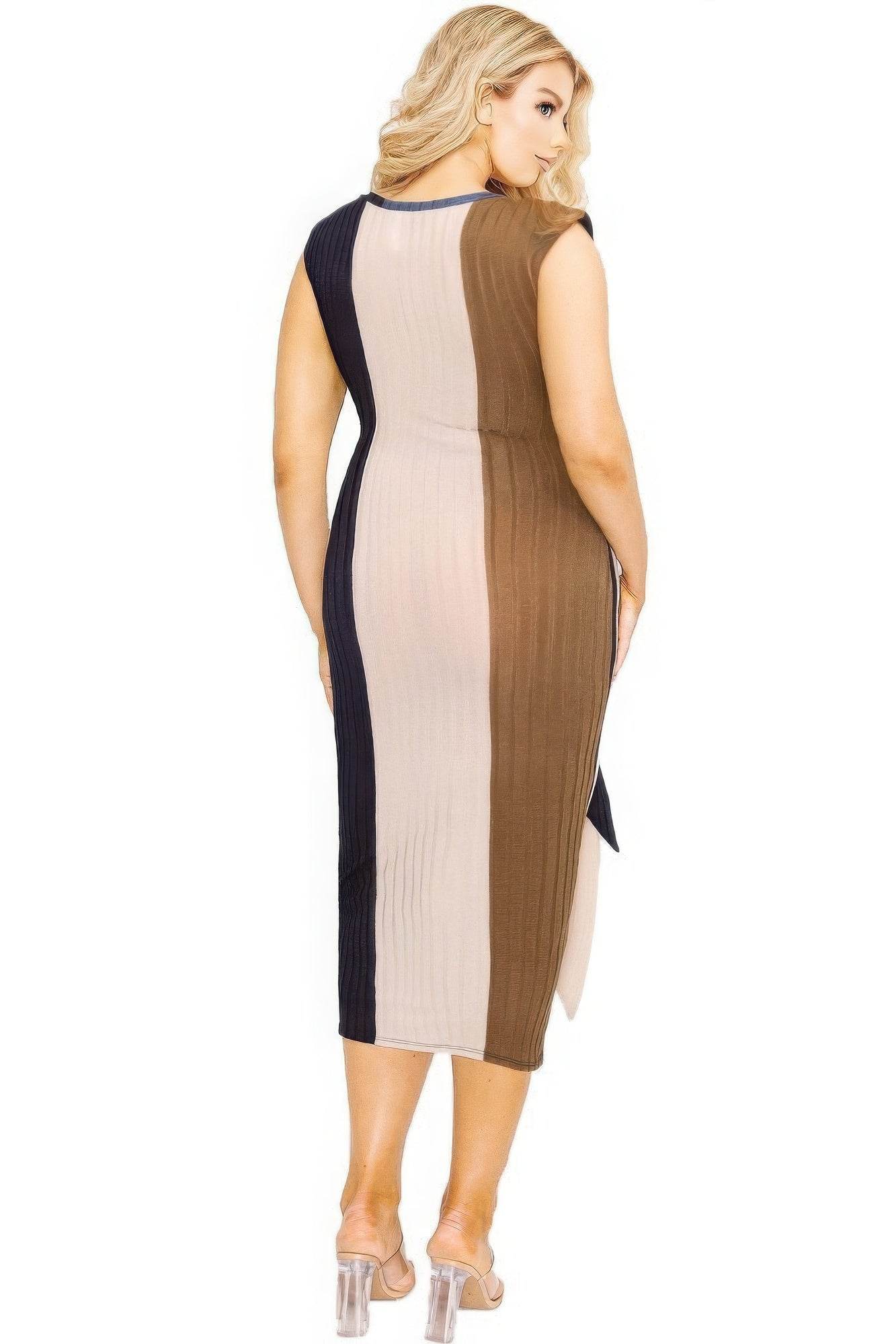 Plus knitted sleeveless colorblock waist tie dress - DaTrendStore.Com