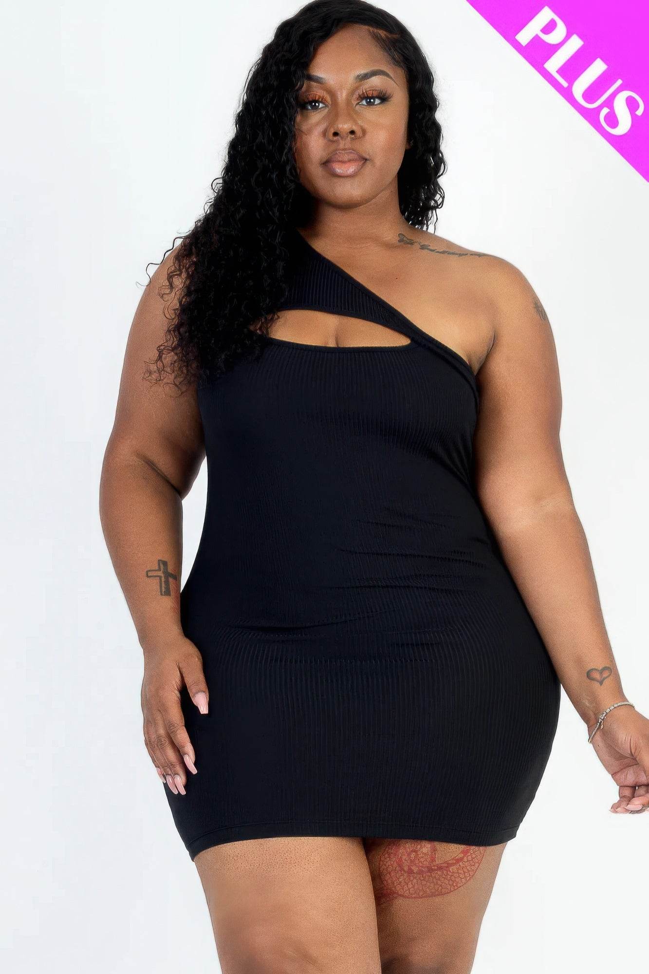 Plus Size Ribbed One Shoulder Cutout Front Casual Mini Bodycon Dress - DaTrendStore.Com